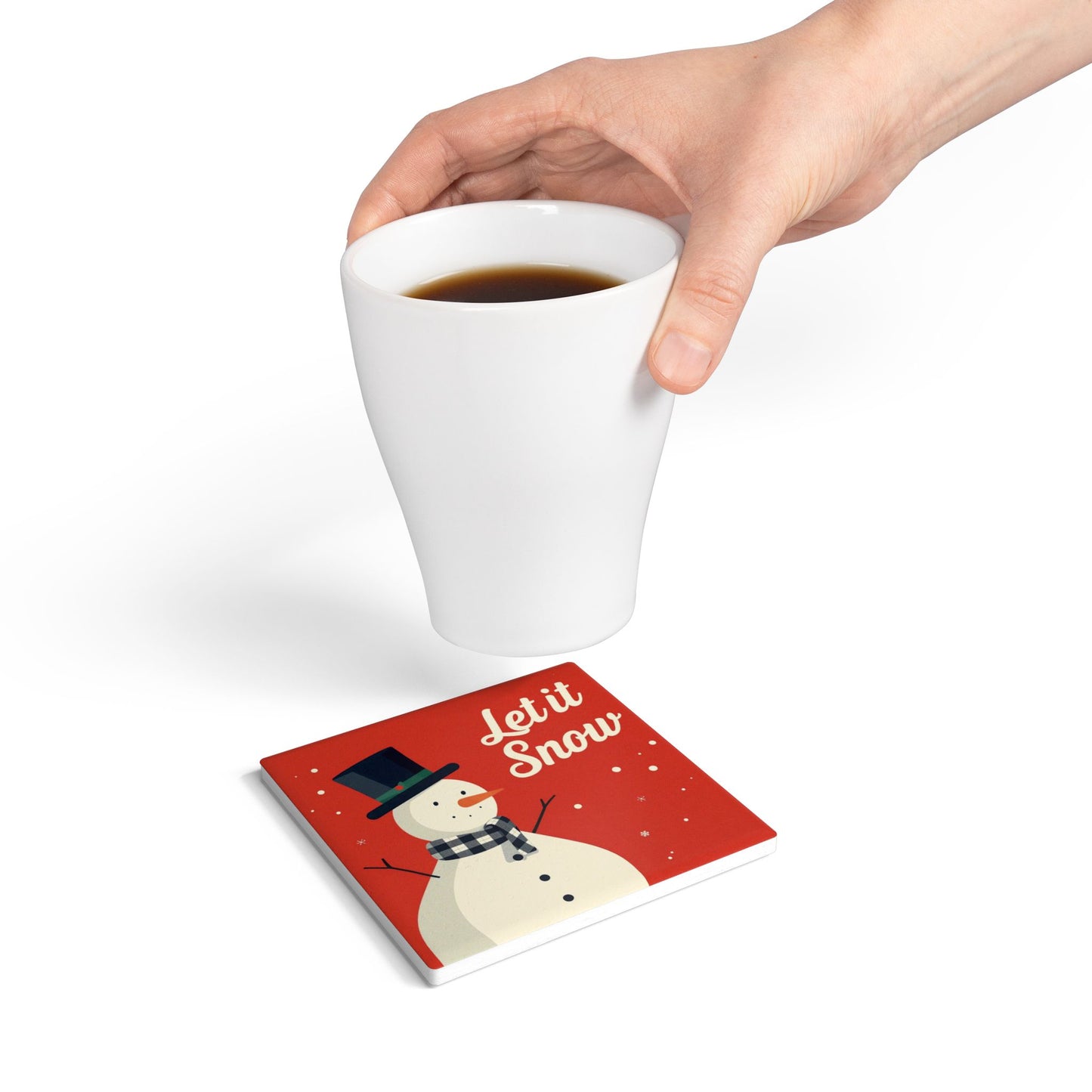 Let It Snow Snowman Ceramic Coaster — Holiday Drink Coaster, Christmas Table Decor