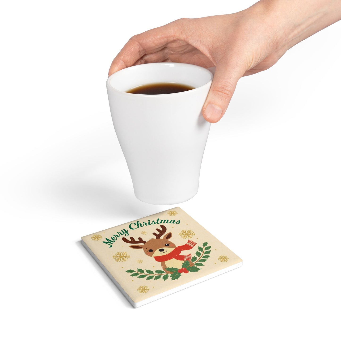 Christmas Reindeer Ceramic Coaster — Cute Holiday Drink Coaster