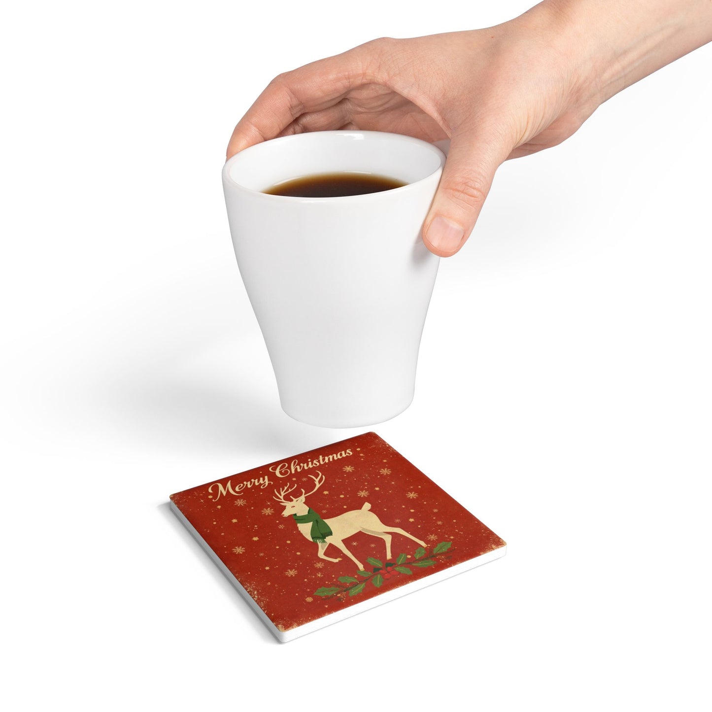 Vintage Christmas Ceramic Coaster — Holiday Drink Coaster with Reindeer