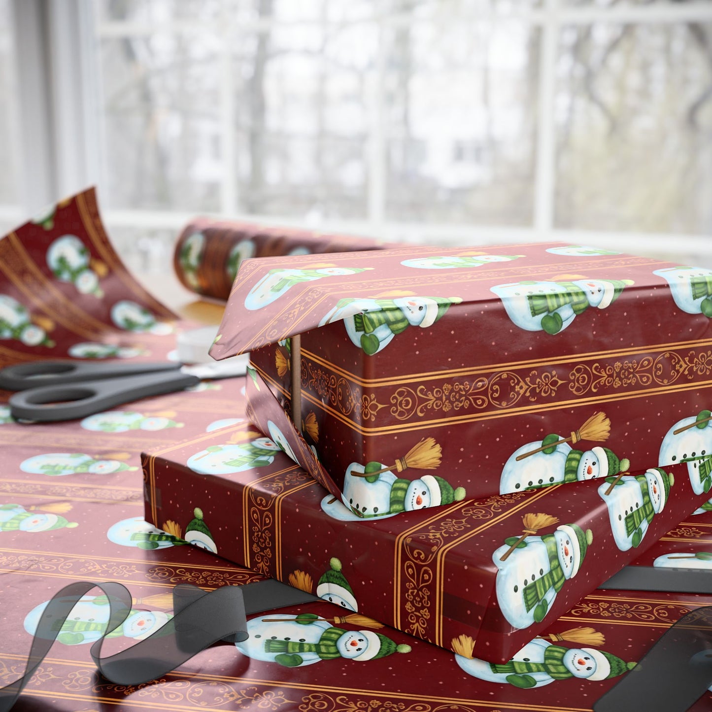 Vintage Christmas Wrap Paper, Festive Snowman Gift Wrapping Paper