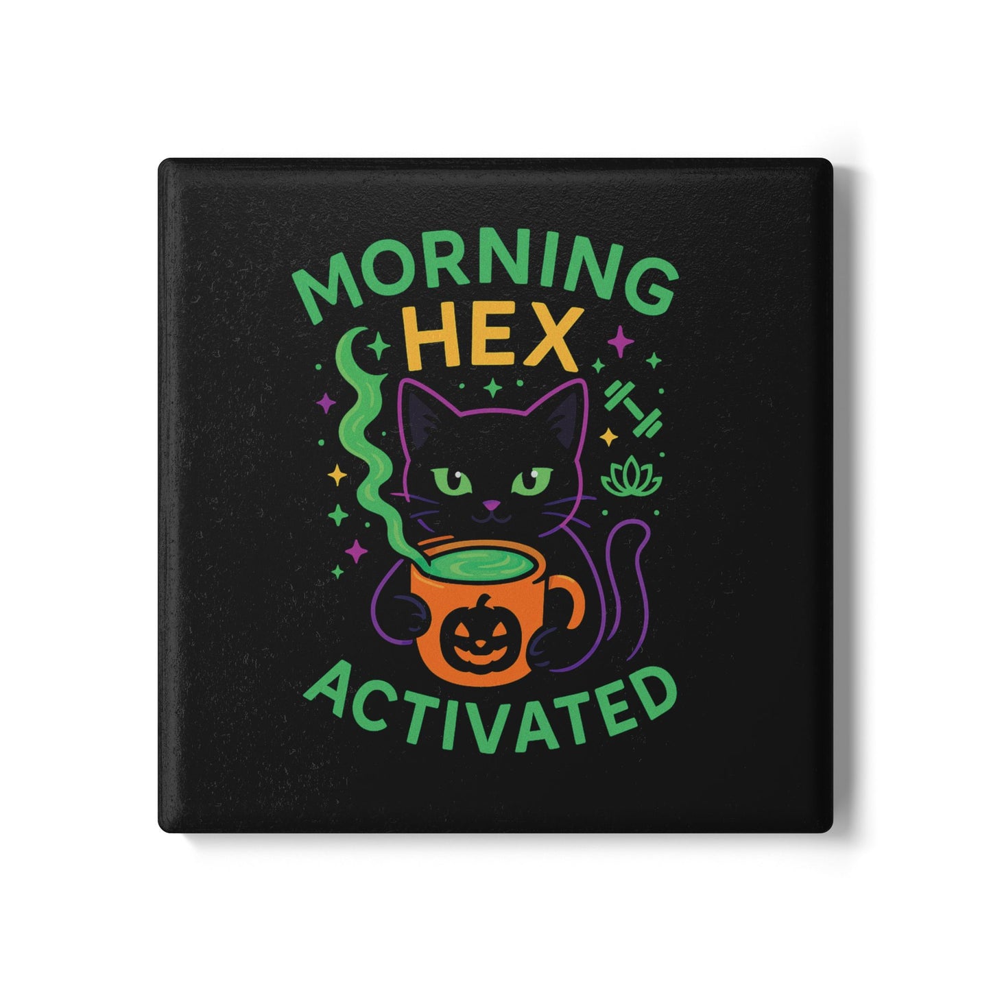Whimsical Cat Ceramic Coaster, Morning Hex Activated, Halloween Decor