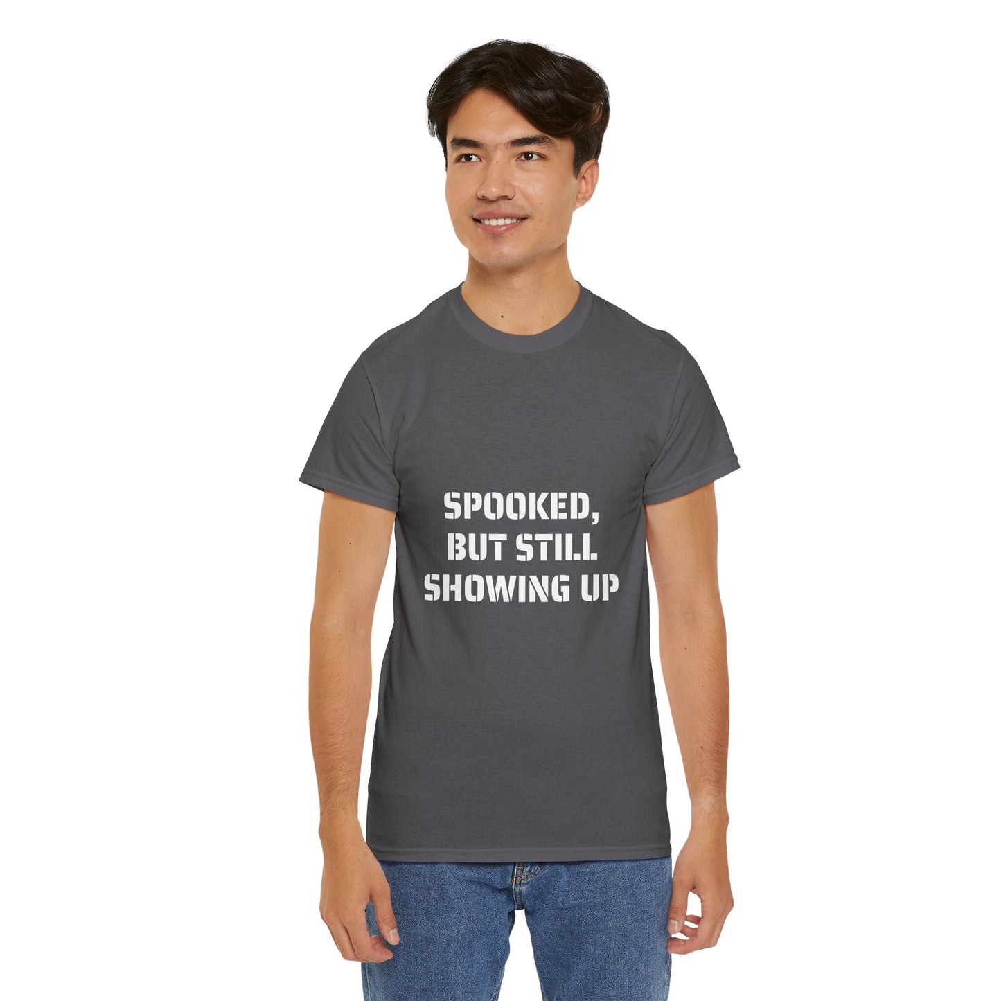 Spooked, But Still Showing Up Unisex Heavy Cotton Tee | Halloween, Funny T-Shirt