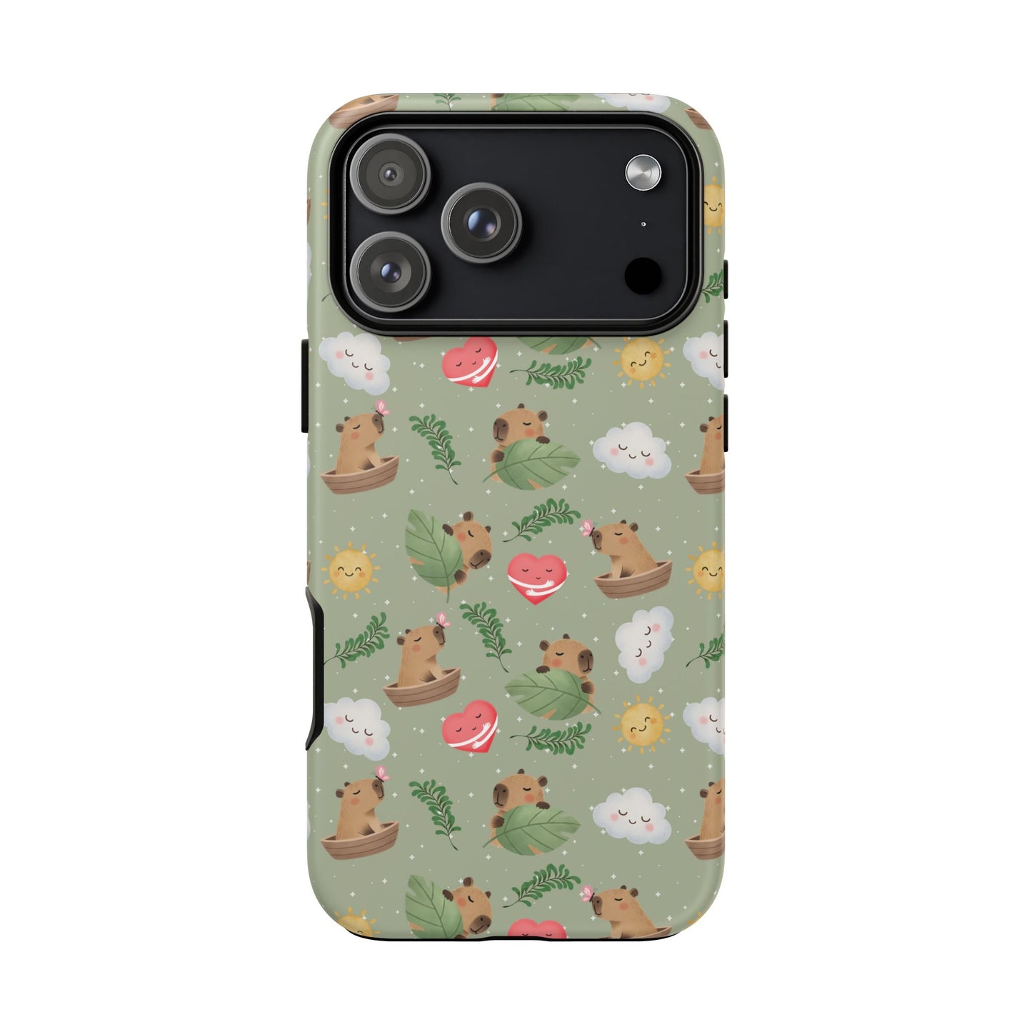Cute Capybara Pattern Phone Case — Green Botanical Tough Case