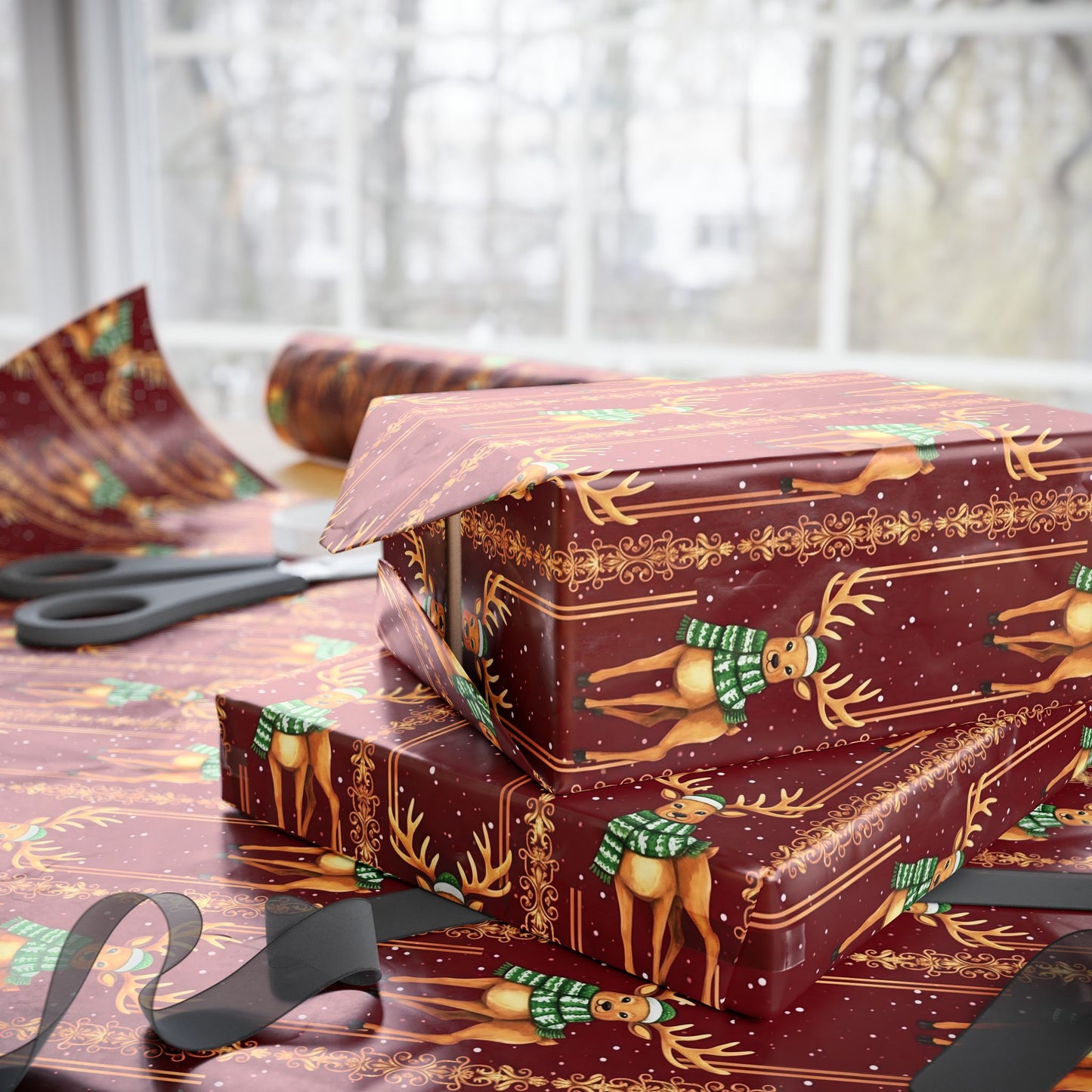 Vintage Christmas Wrap Paper, Festive Gift Wrapping Paper with Reindeer Design for Holidays