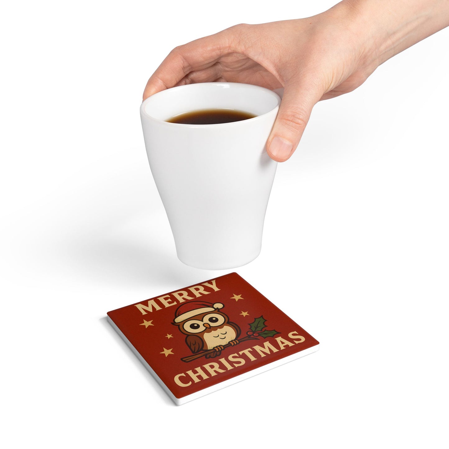 Merry Christmas Owl Ceramic Coaster — Festive Holiday Drink Coaster