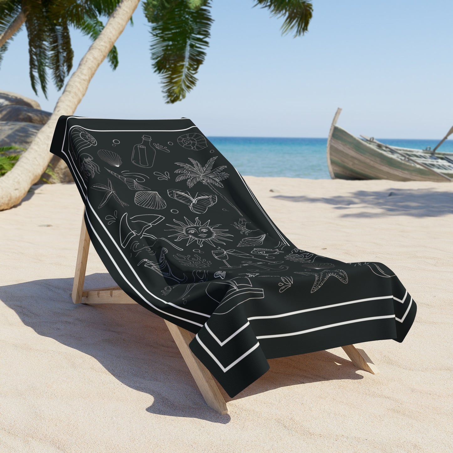 Chalkboard Seashells Beach Towel — Black Nautical Sketch Design