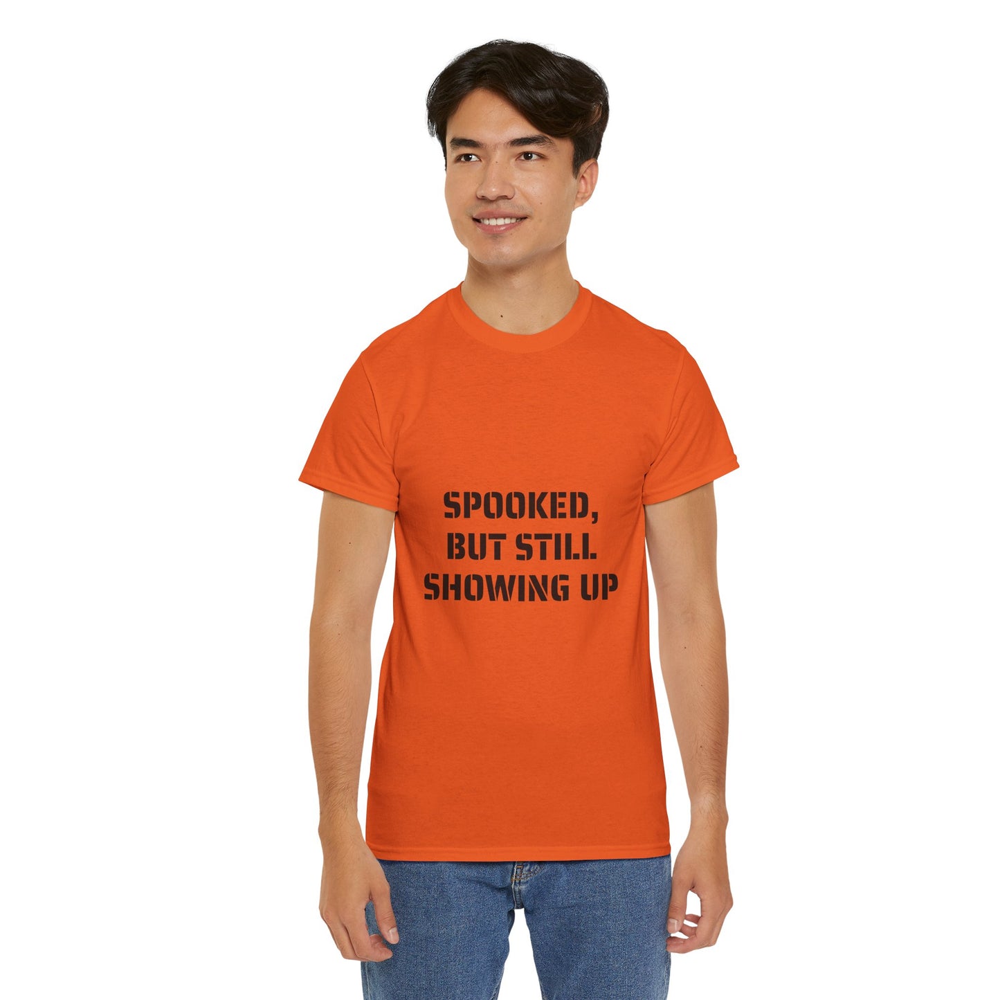 Spooked, But Still Showing Up Unisex Heavy Cotton Tee | Halloween, Funny T-Shirt