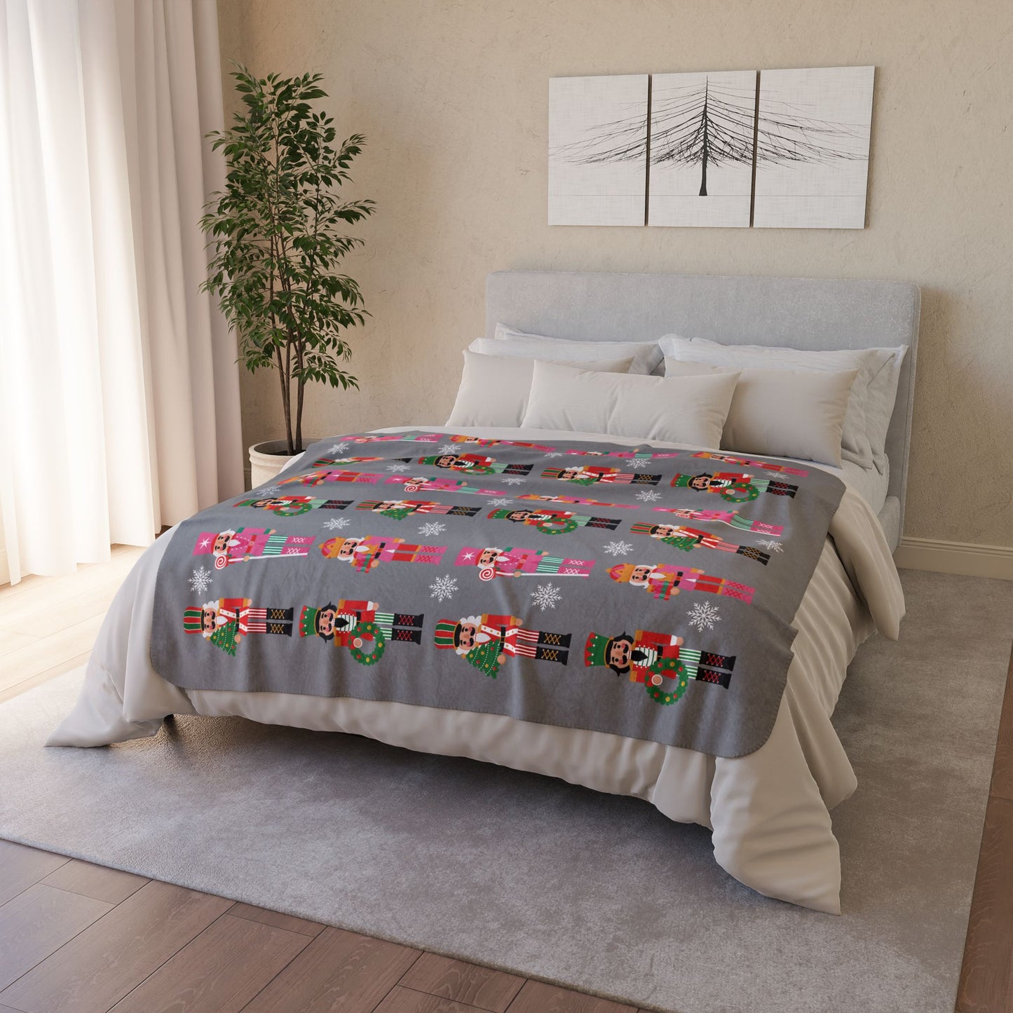 Nutcracker Pattern Fleece Sherpa Blanket — Cozy Gray Holiday Throw with Nutcracker Design