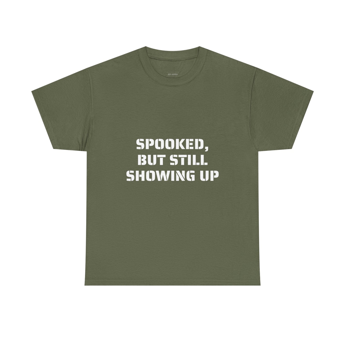 Spooked, But Still Showing Up Unisex Heavy Cotton Tee | Halloween, Funny T-Shirt