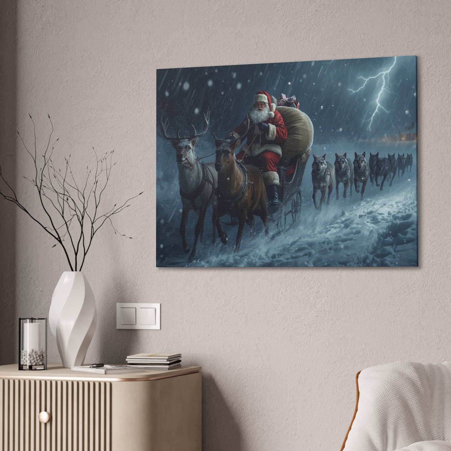 Christmas Canvas Wall Art, Santa Sleigh Decor, Holiday Home Decor, Winter Wonderland Artwork, Festive Wall Hanging