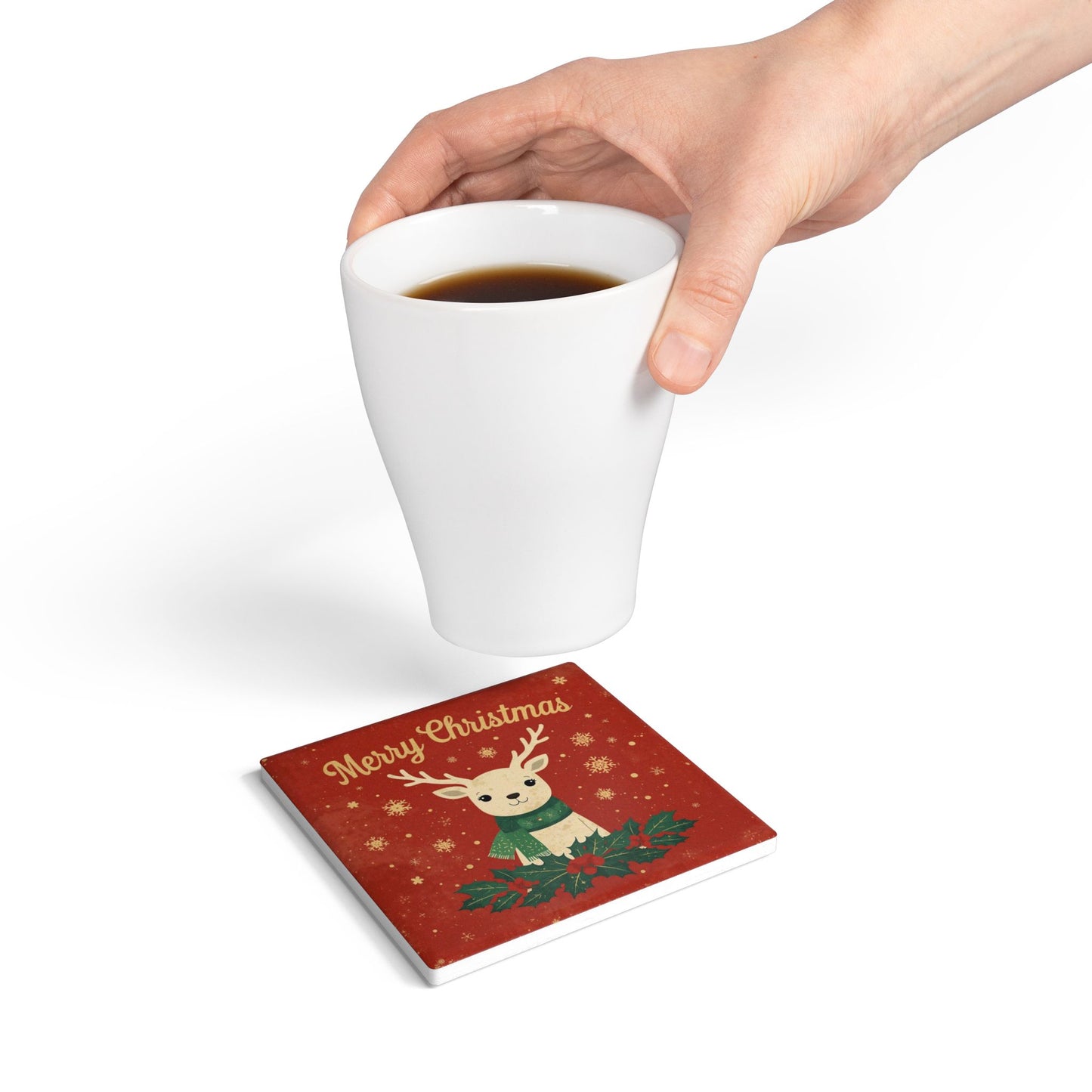 Ceramic Coaster — Merry Christmas Reindeer Holiday Drink Coaster