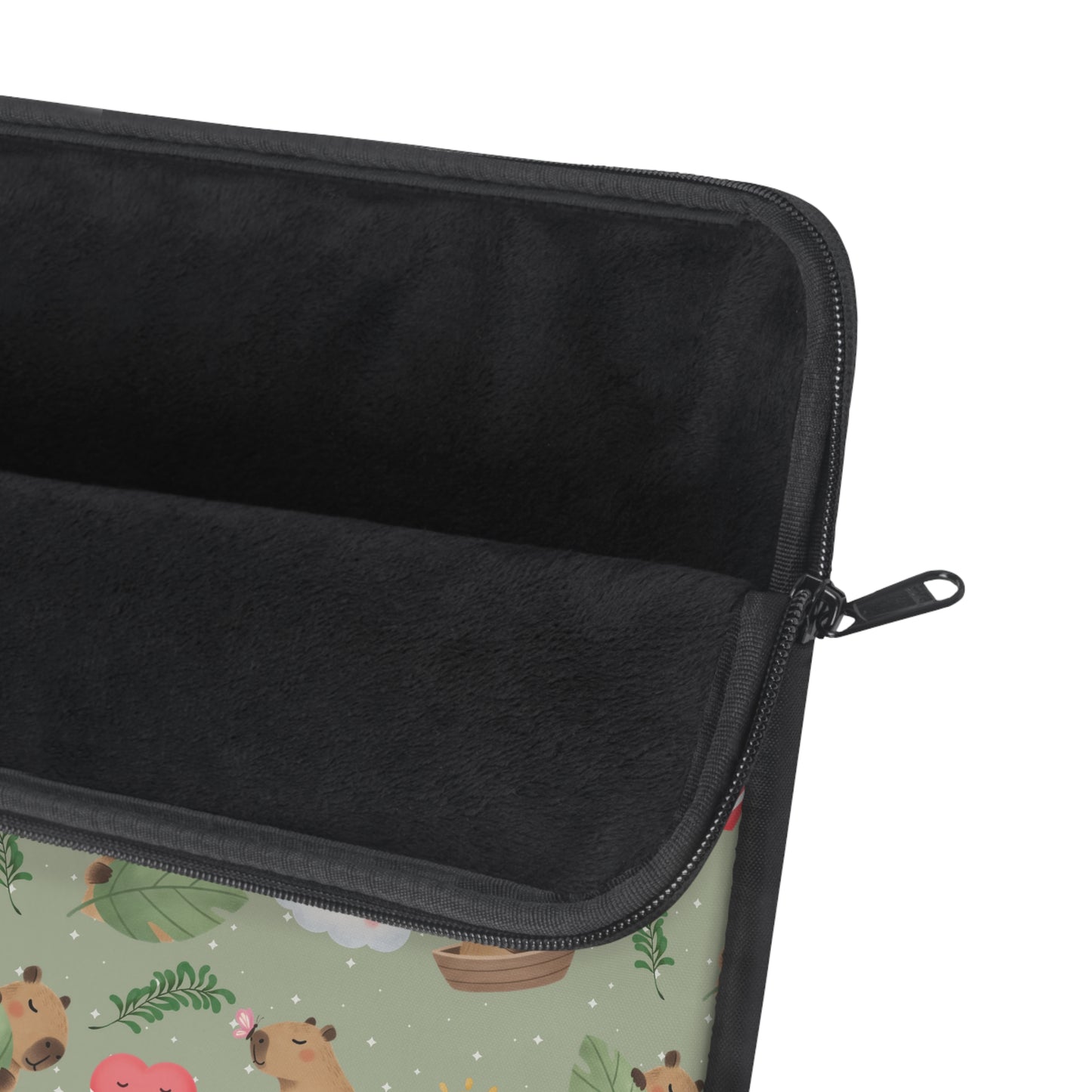 Cute Woodland Animals Laptop Sleeve — Green Pattern with Capybaras, Hearts & Clouds