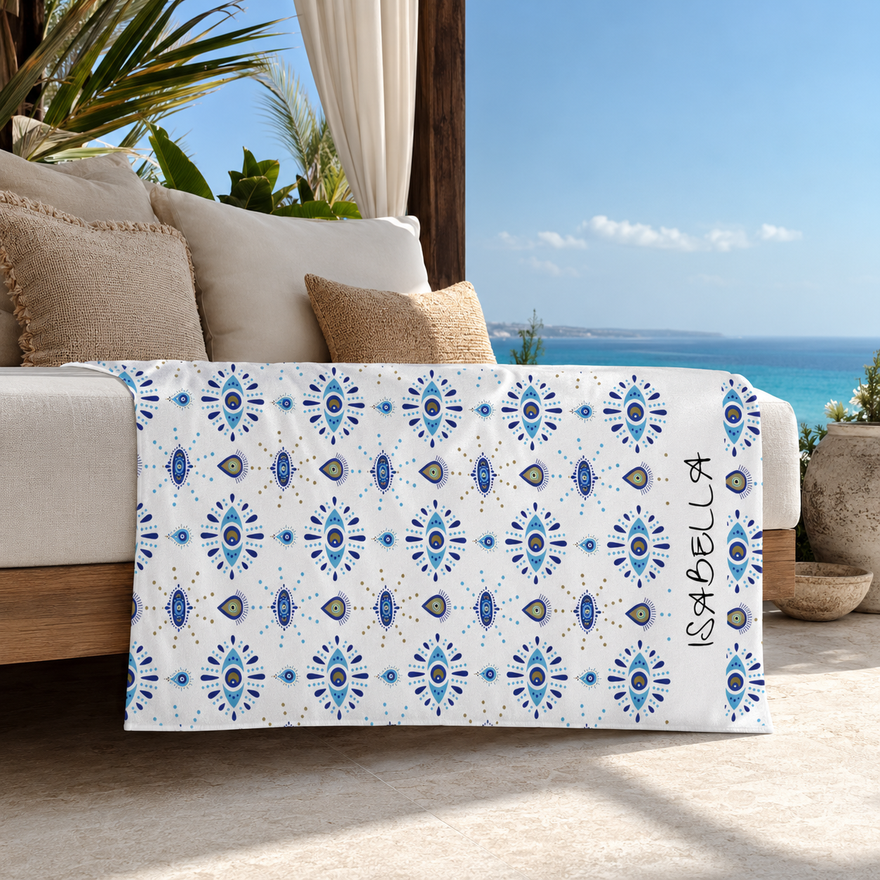 Personalized Evil Eye Design Beach Towel — Custom Name Towel