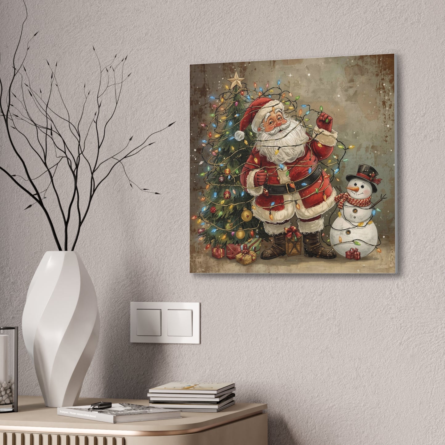 Vintage Christmas Wall Art, Santa & Snowman Canvas Art