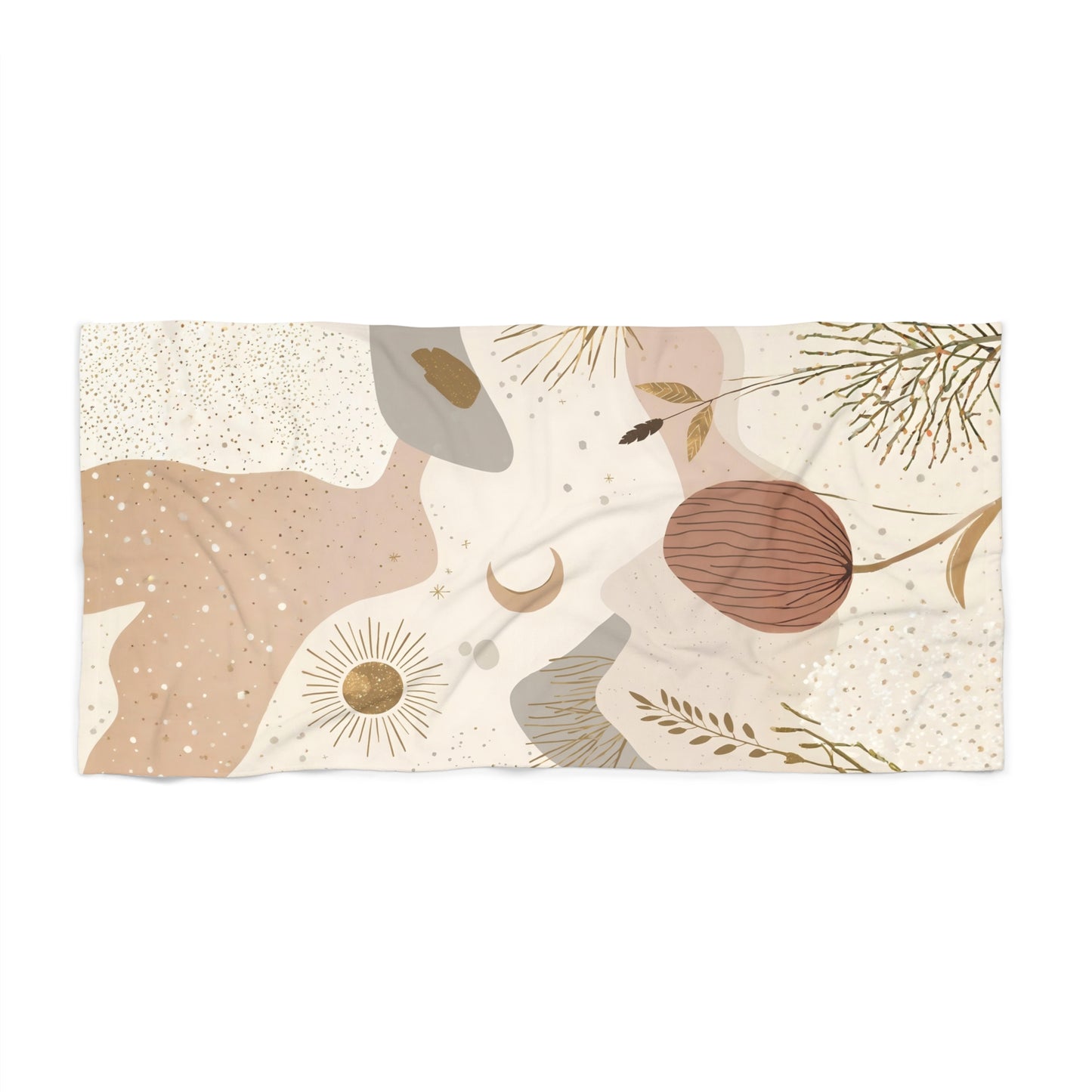 Boho Abstract Coastal Beach Towel – Neutral Sun & Moon Pattern