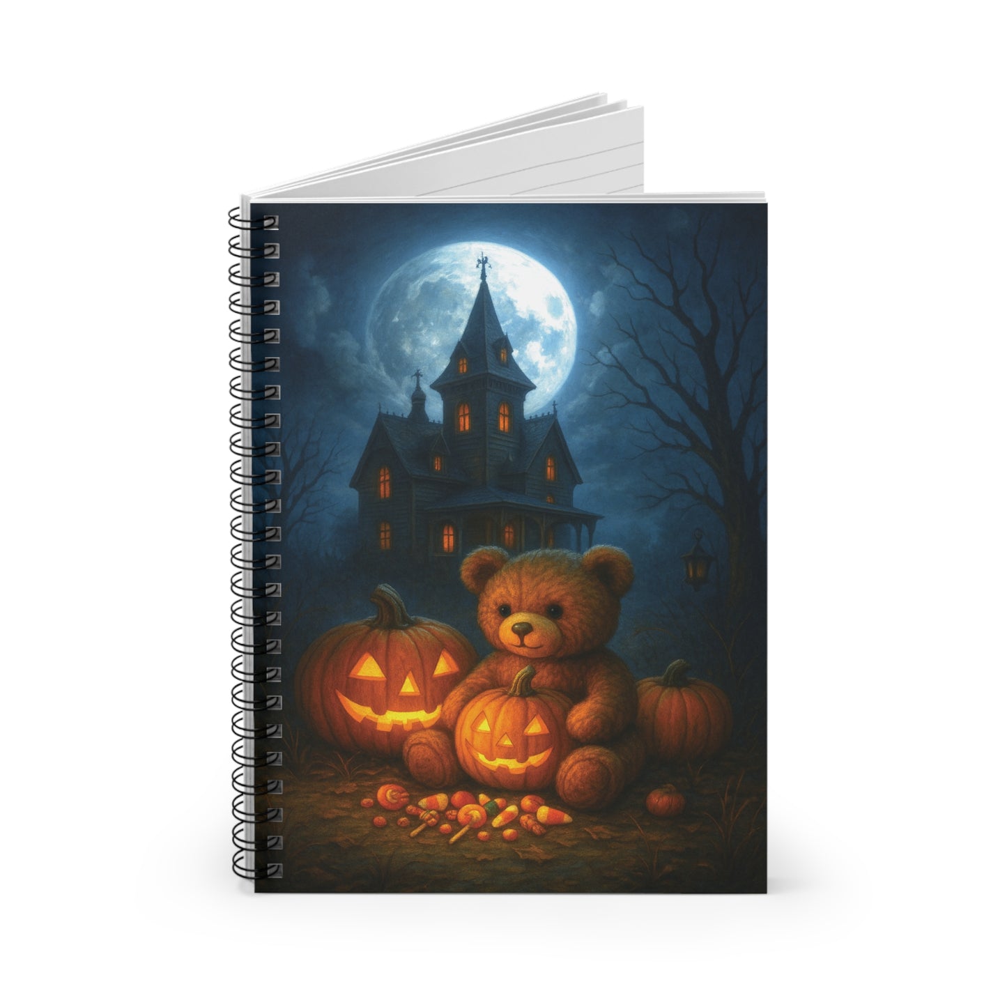 Halloween Themed Spiral Notebook - Cozy Teddy Bear & Pumpkins