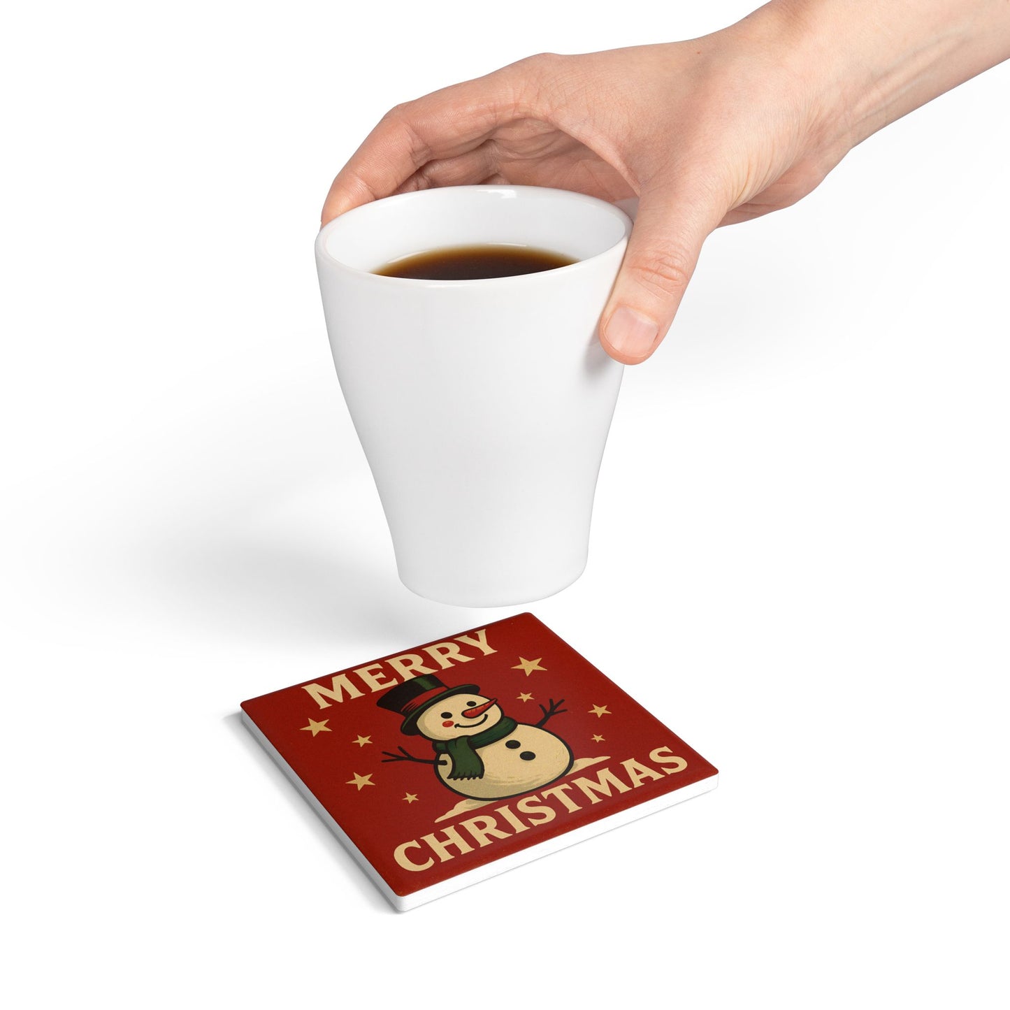 Merry Christmas Snowman Ceramic Coaster — Vintage Holiday Drink Coaster