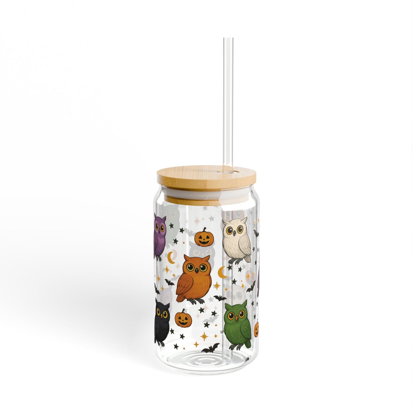 Halloween Owl Sipper Glass, 16oz | Cute Owl Drinkware | Fall Themed Mug | Spooky Decor