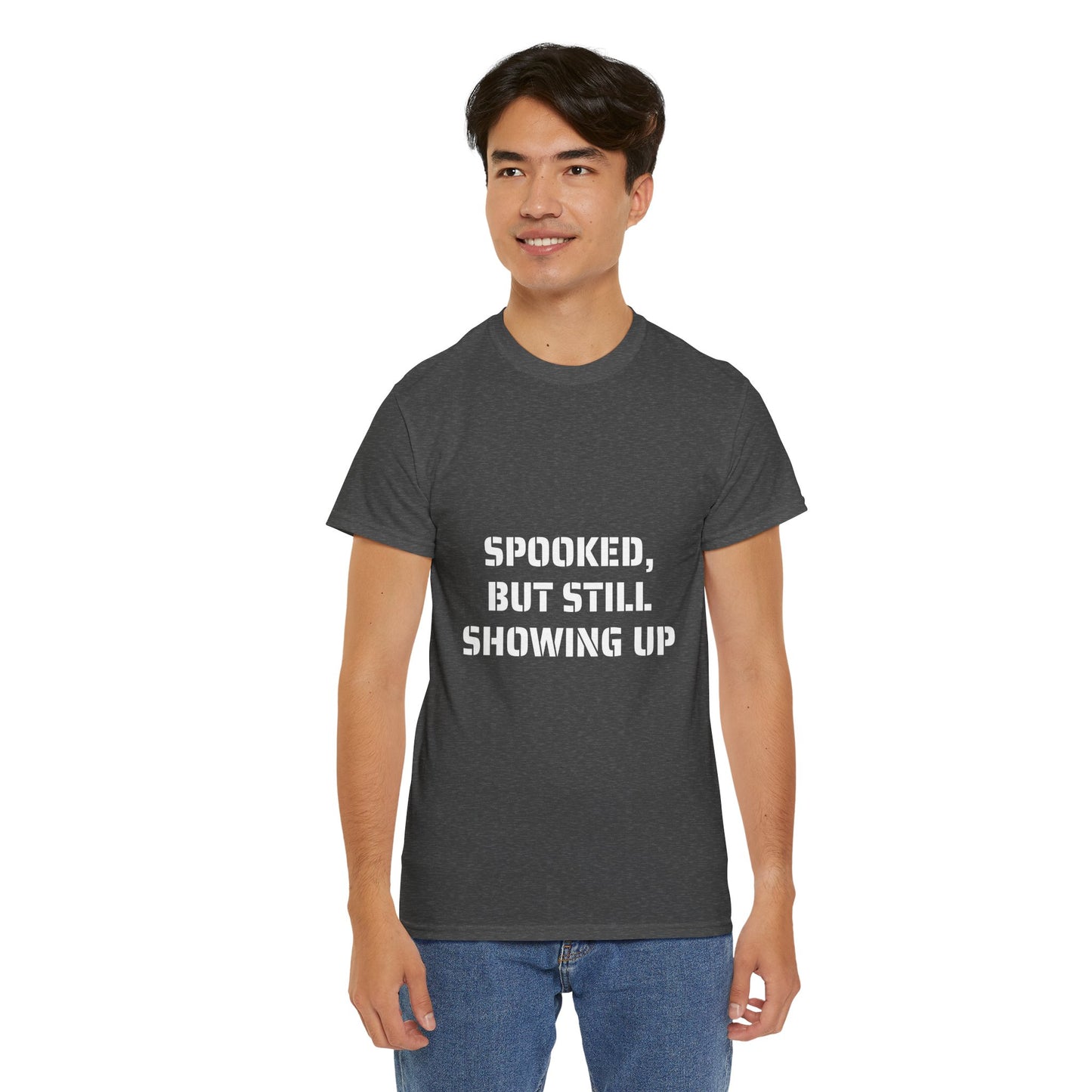 Spooked, But Still Showing Up Unisex Heavy Cotton Tee | Halloween, Funny T-Shirt