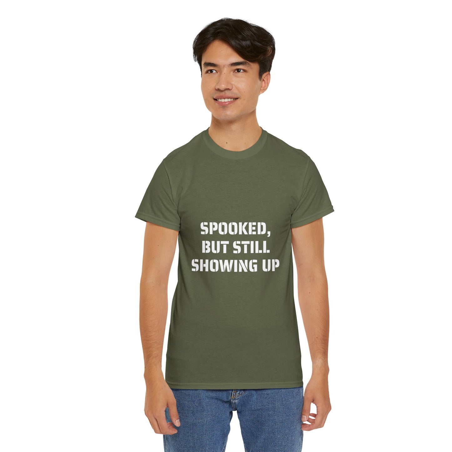 Spooked, But Still Showing Up Unisex Heavy Cotton Tee | Halloween, Funny T-Shirt