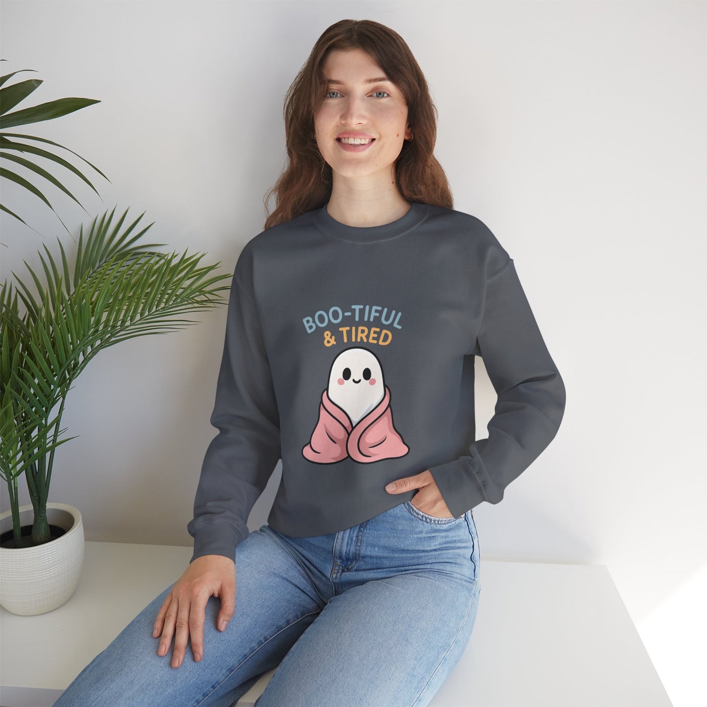 Boo-tiful & Tired Sweatshirt, Halloween-Themed Design