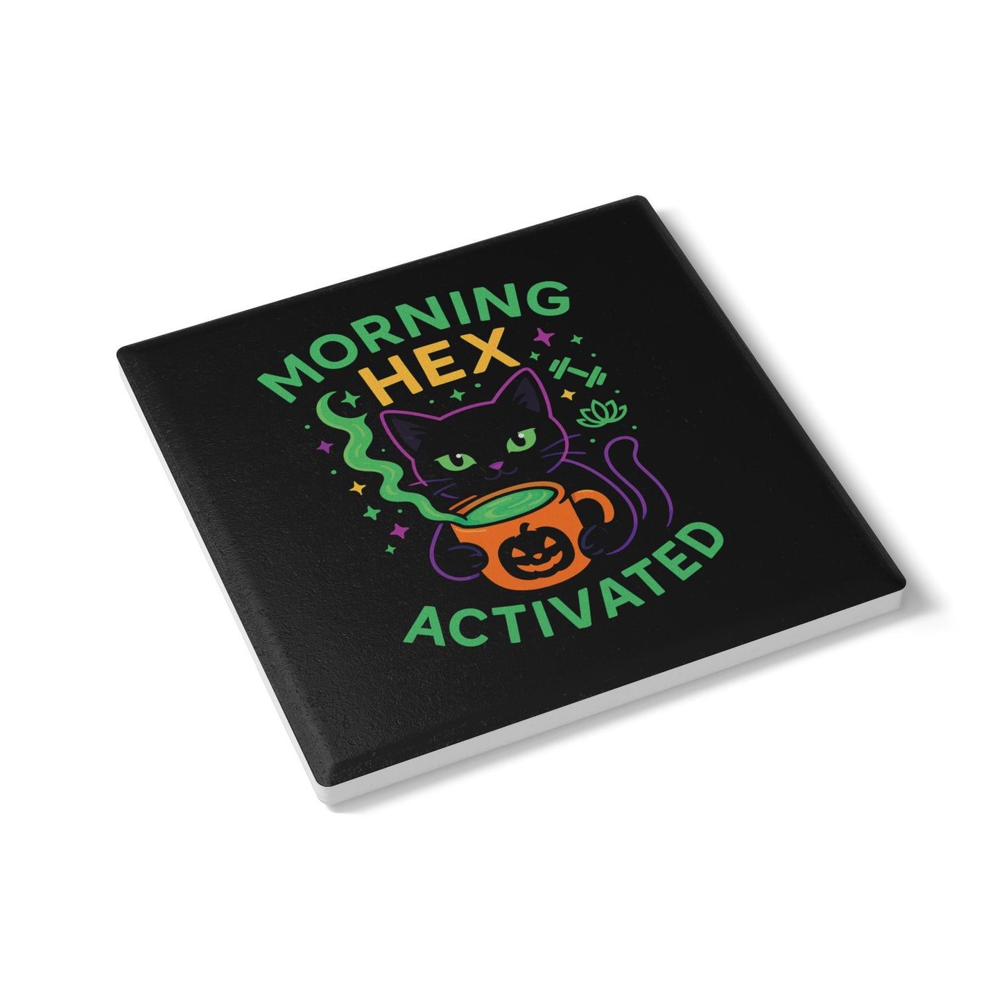 Whimsical Cat Ceramic Coaster, Morning Hex Activated, Halloween Decor