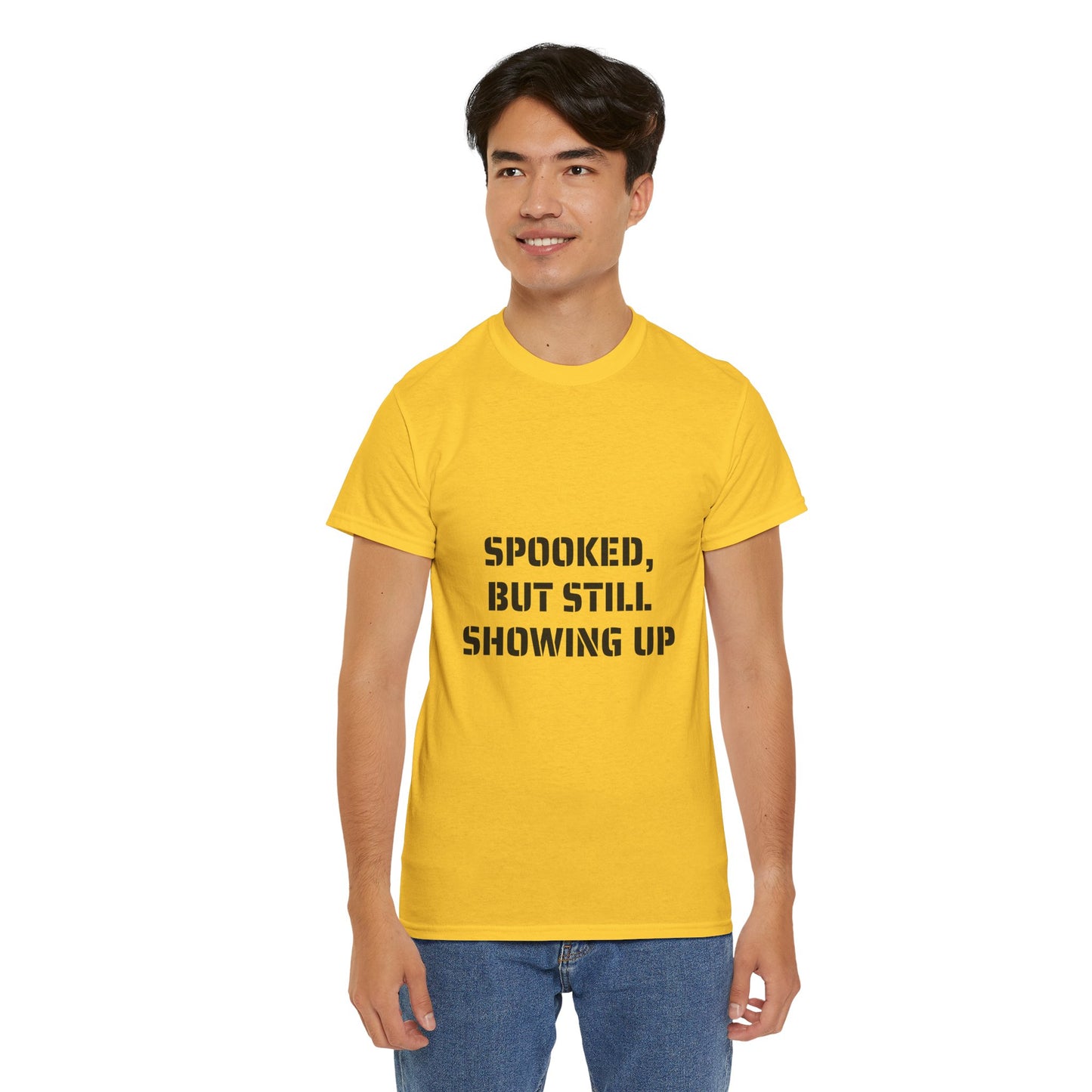 Spooked, But Still Showing Up Unisex Heavy Cotton Tee | Halloween, Funny T-Shirt