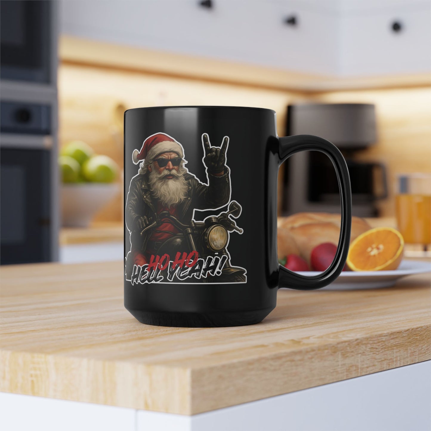 Rockin' Santa Christmas Mug — "Ho Ho Hell Yeah!" Black Ceramic Coffee Cup (11oz, 15oz)