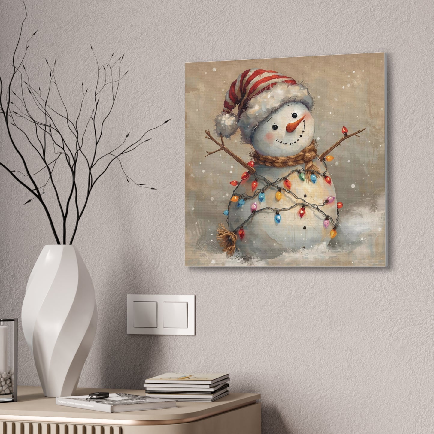 Vintage Christmas Wall Art, Festive Smiling Snowman Canvas