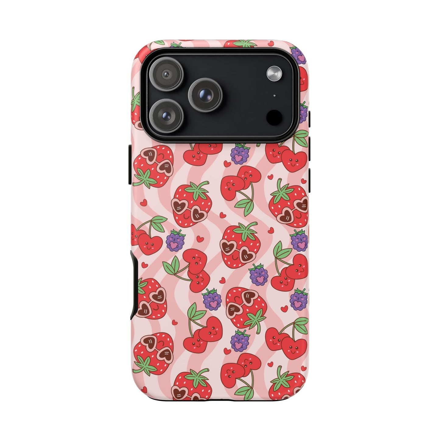 Cute Kawaii Strawberry & Cherry Phone Case — Pink Fruit Pattern Protective Case