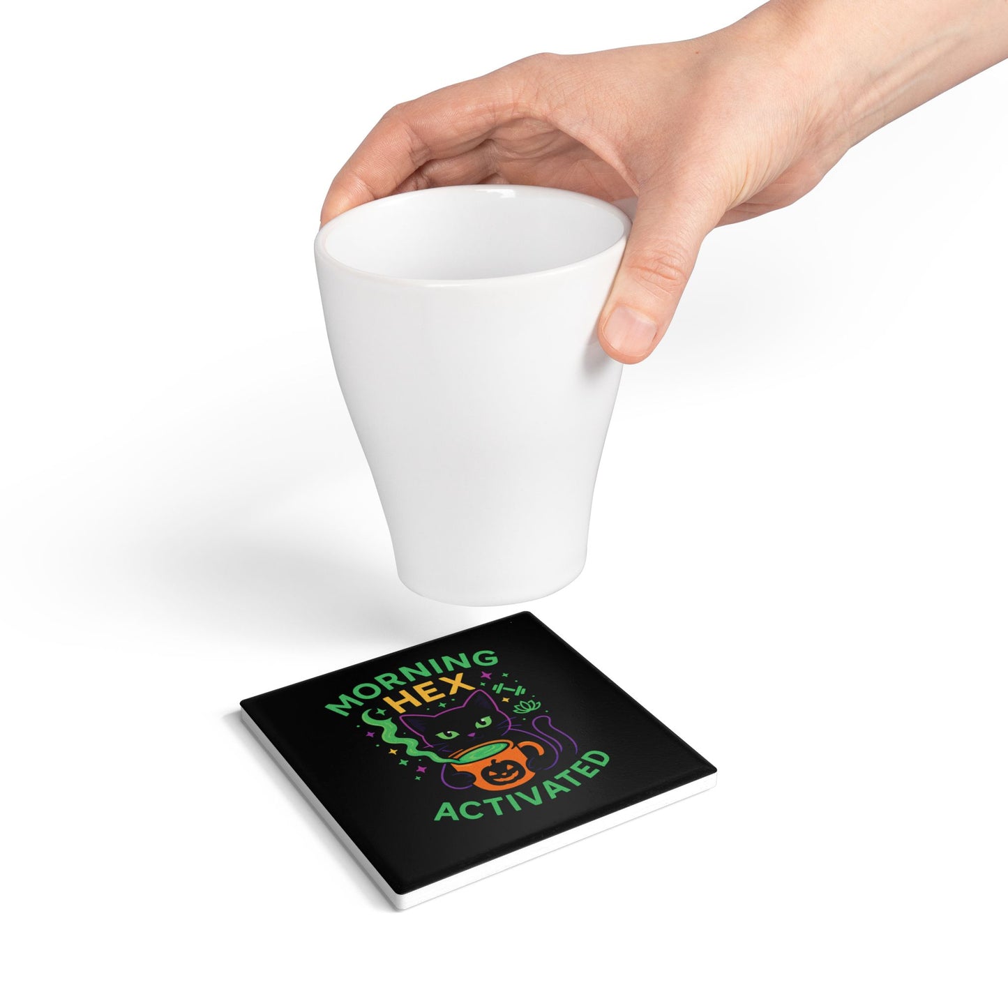 Whimsical Cat Ceramic Coaster, Morning Hex Activated, Halloween Decor