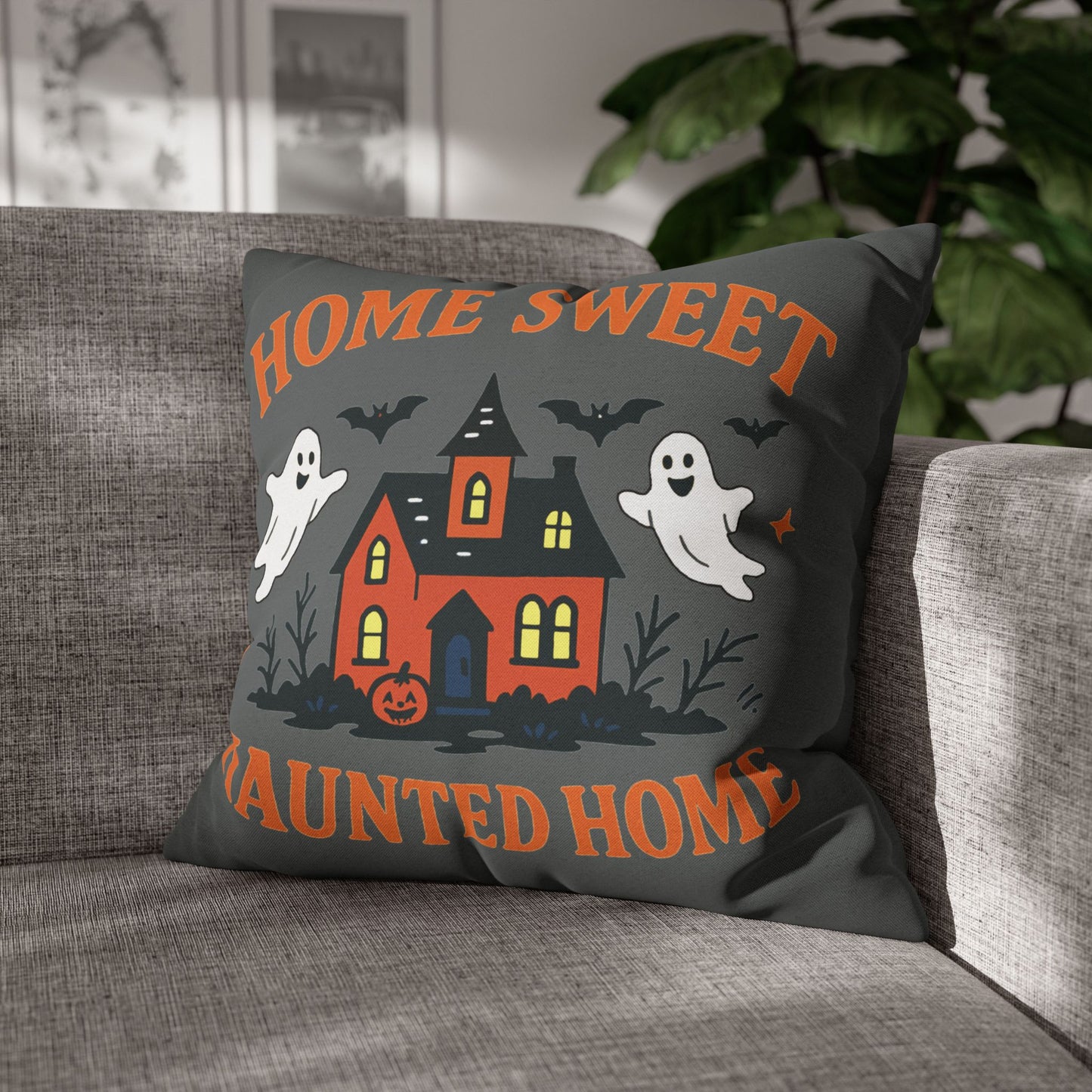 Halloween Themed Square Pillowcase, Home Sweet Haunted Home Decor