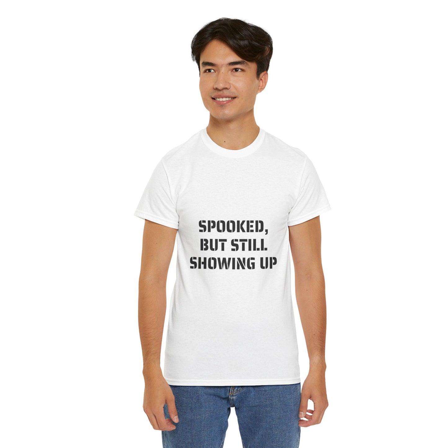 Spooked, But Still Showing Up Unisex Heavy Cotton Tee | Halloween, Funny T-Shirt