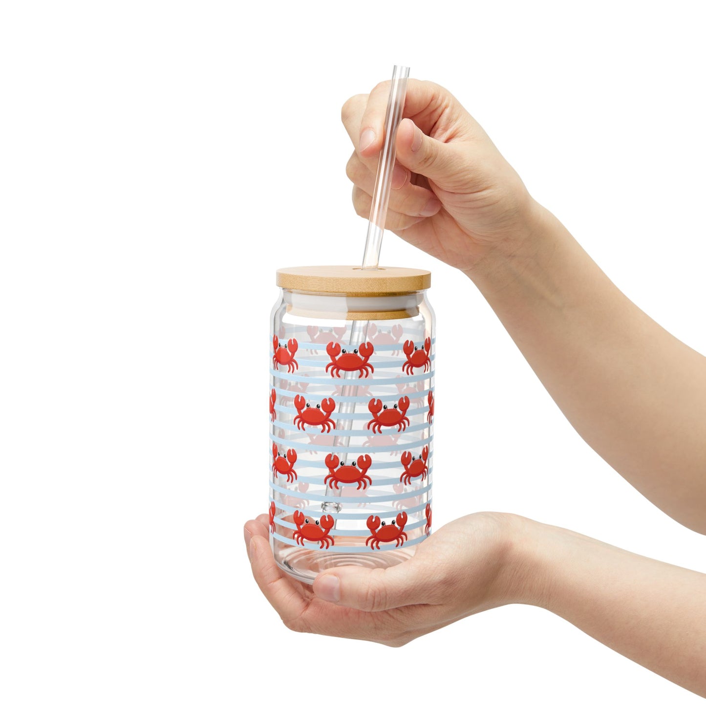 Crab Pattern 16oz Sipper Glass with Bamboo Lid & Straw — Coastal Beach Drink Tumbler