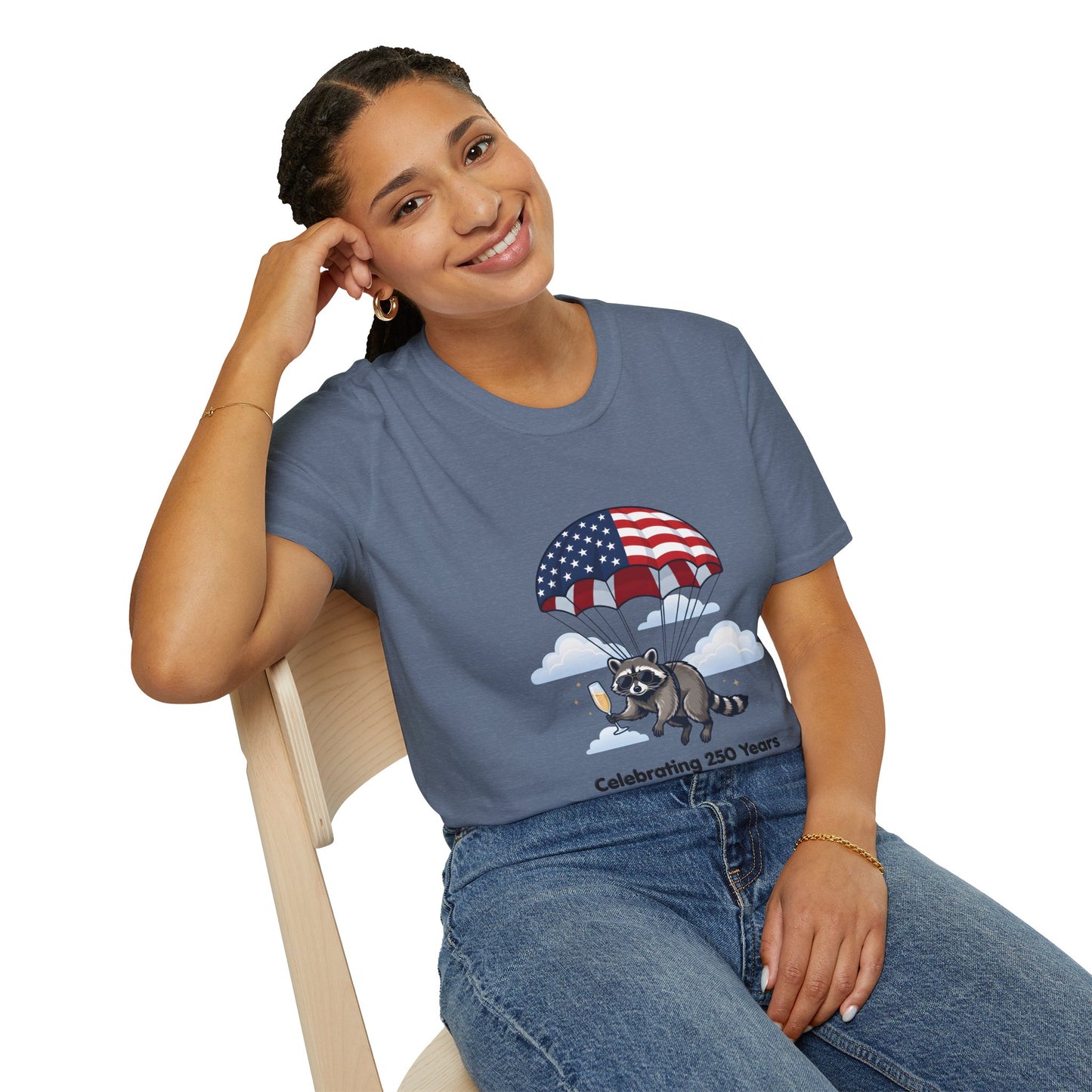 Patriotic Parachuting Raccoon T-Shirt — "Celebrating 250 Years"