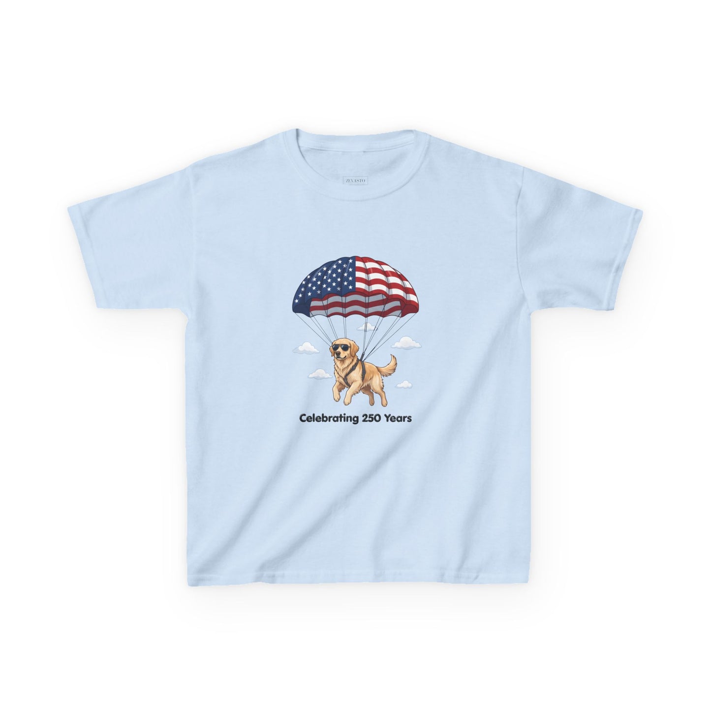 Kids Tee — Dog with Parachute, "Celebrating 250 Years" (Patriotic Fourth of July)