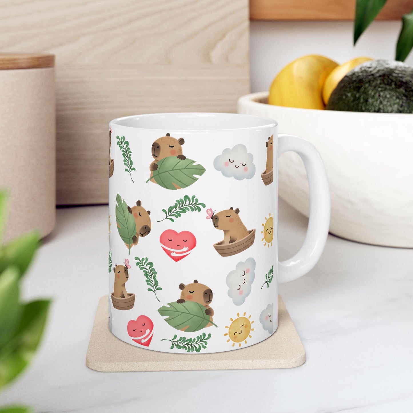 Cute Capybara Pattern Ceramic Mug — Whimsical Sun, Clouds & Leaf Design (11oz)