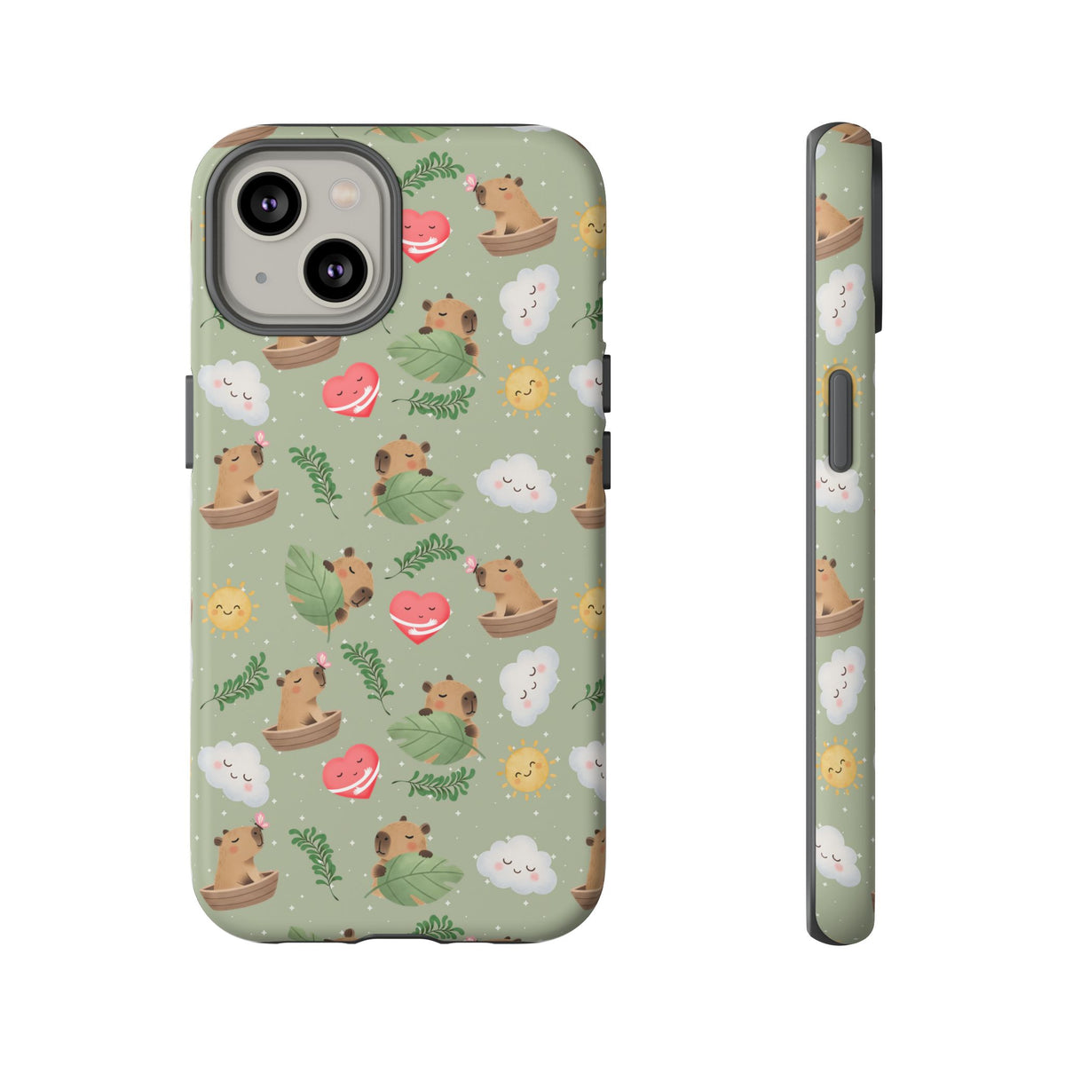 Cute Capybara Pattern Phone Case — Green Botanical Tough Case