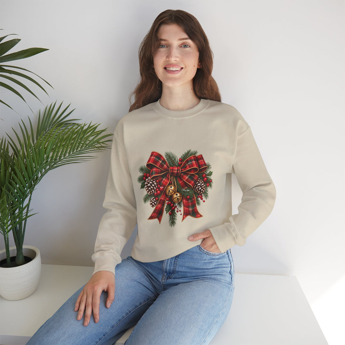 Christmas Plaid Bow Sweatshirt - Holiday Pinecone & Jingle Bells Crewneck