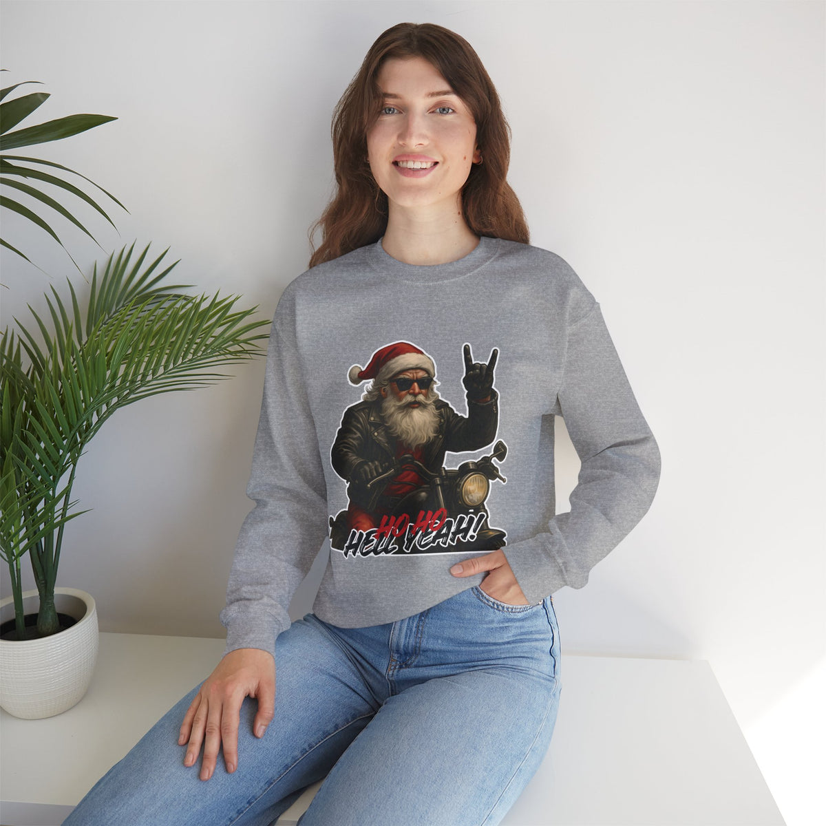 Santa Biker Crewneck Sweatshirt – 'Ho Ho Hell Yeah' Christmas Motorcycle Pullover