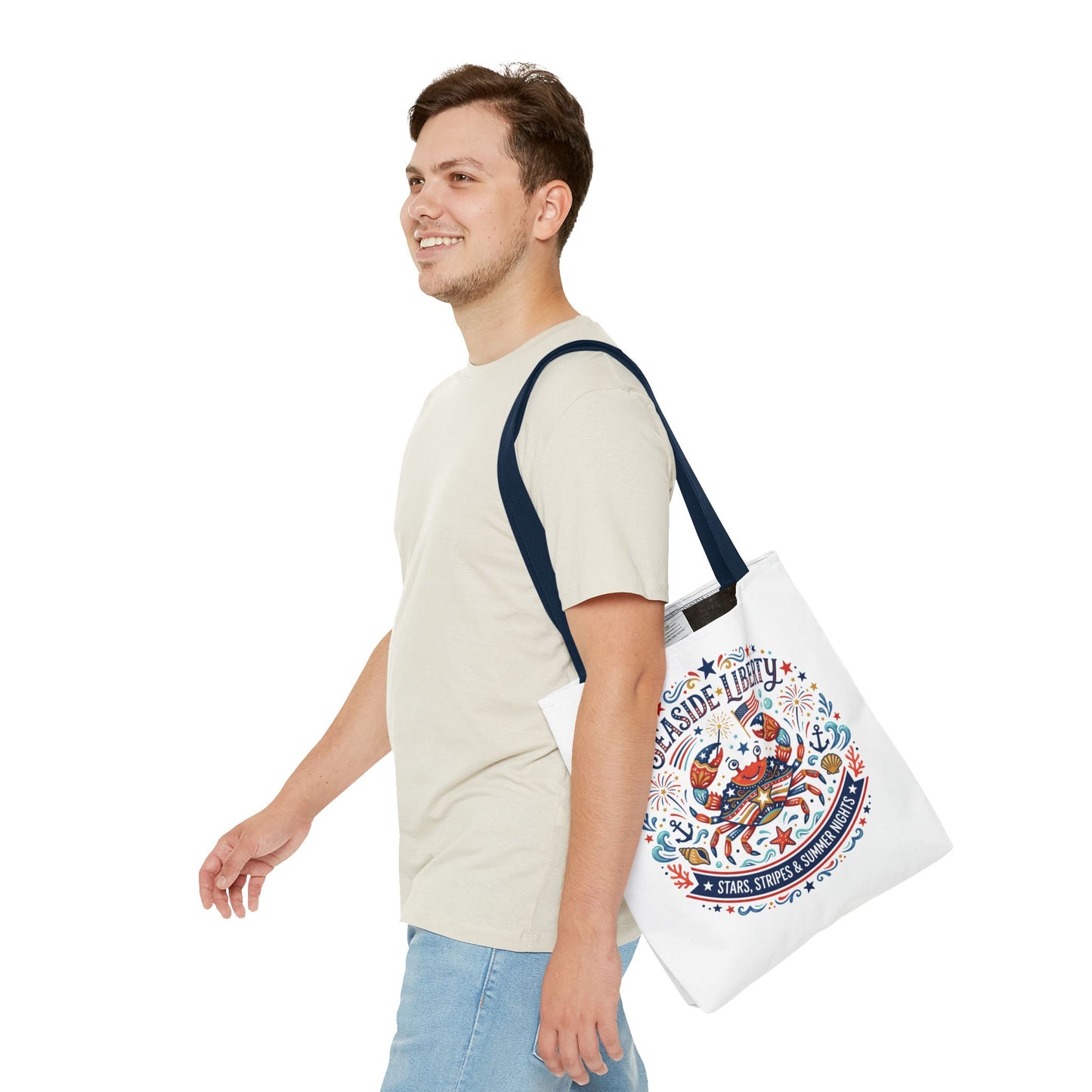 Seaside Liberty Tote Bag — 4th of July, Patriotic Bag "Stars, Stripes & Summer Nights"