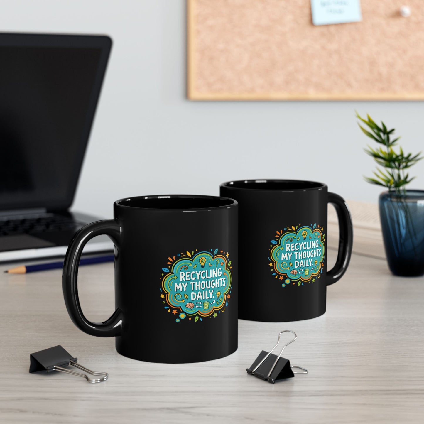 Recycling My Thoughts Daily Black Mug – Funny Mental Health Coffee Cup | Earth Day Eco Humor Mug | Mindful Aesthetic Gift (11oz)
