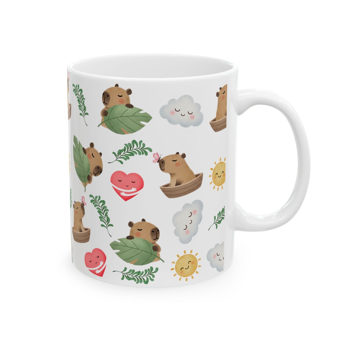 Cute Capybara Pattern Ceramic Mug — Whimsical Sun, Clouds & Leaf Design (11oz)