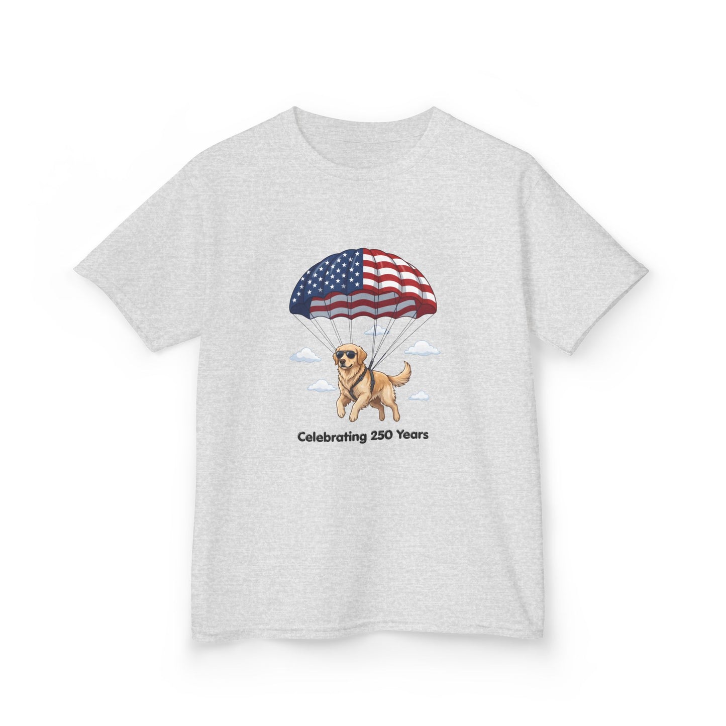 Kids Tee — Dog with Parachute, "Celebrating 250 Years" (Patriotic Fourth of July)