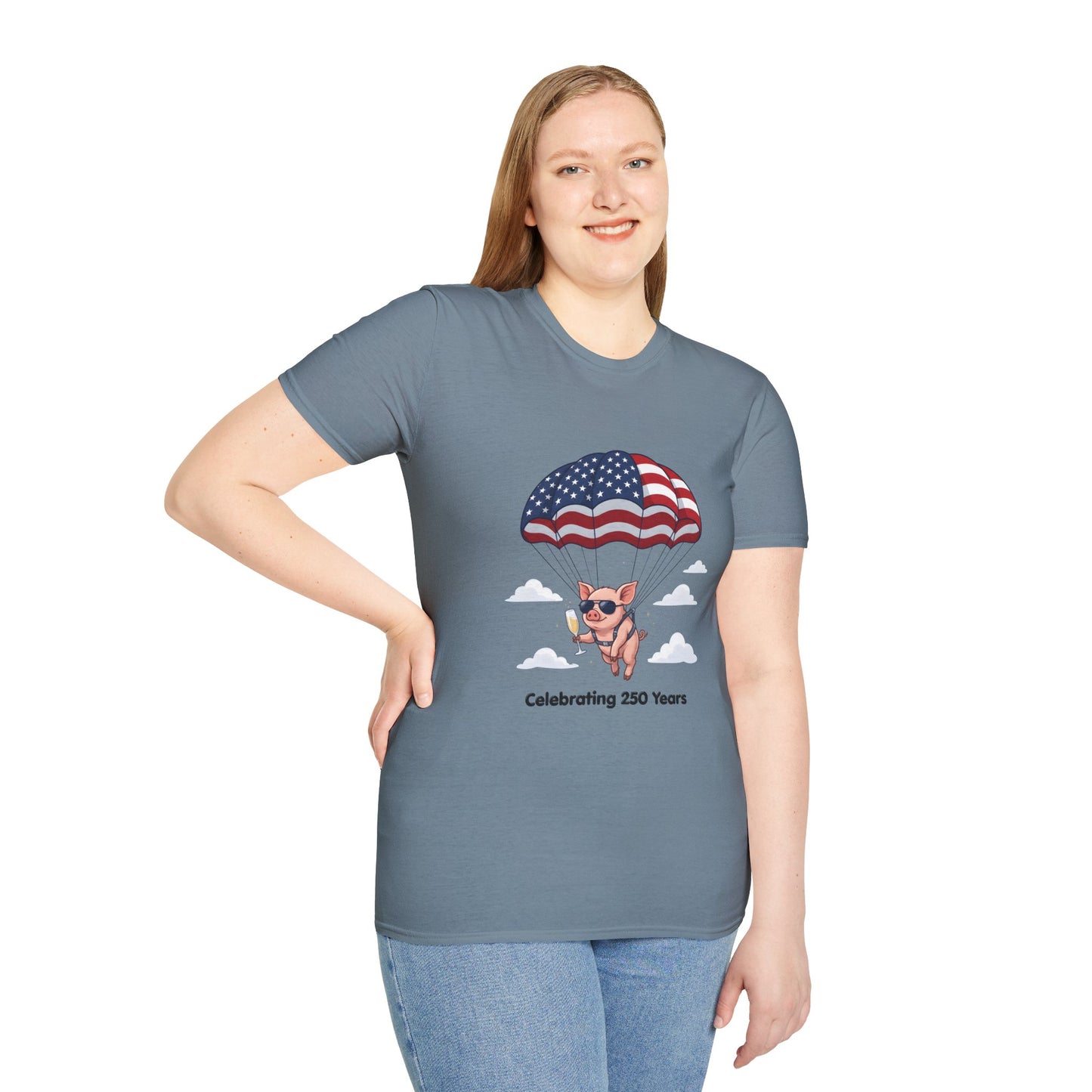 Patriotic Parachuting Piglet T-shirt - “Celebrating 250 Years”