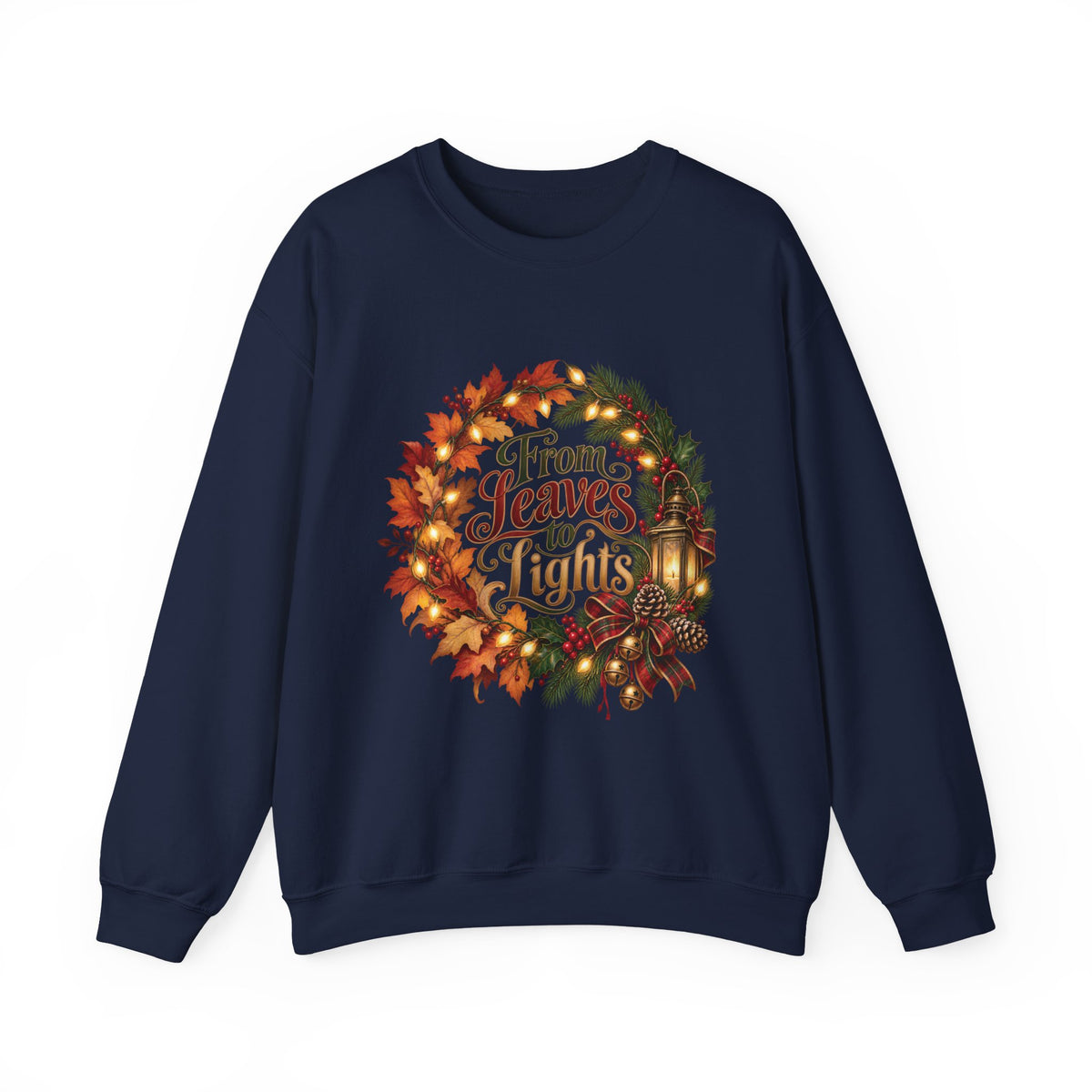 Christmas Crewneck Sweatshirt — "From Leaves to Lights" Autumn to Holiday Wreath Design