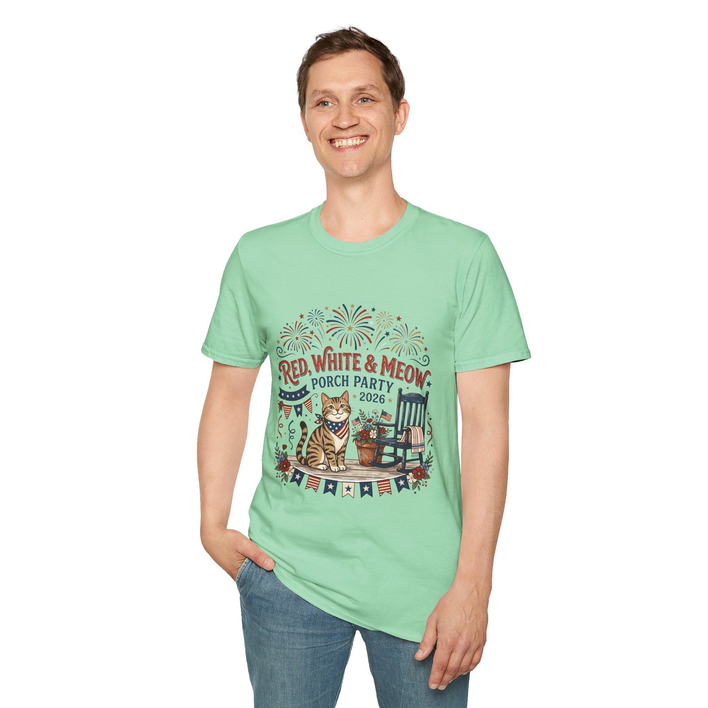 Red, White & Meow Porch Party T-Shirt — 2026 Patriotic Cat Tee, 4th of July Shirt, Independence Day Gift
