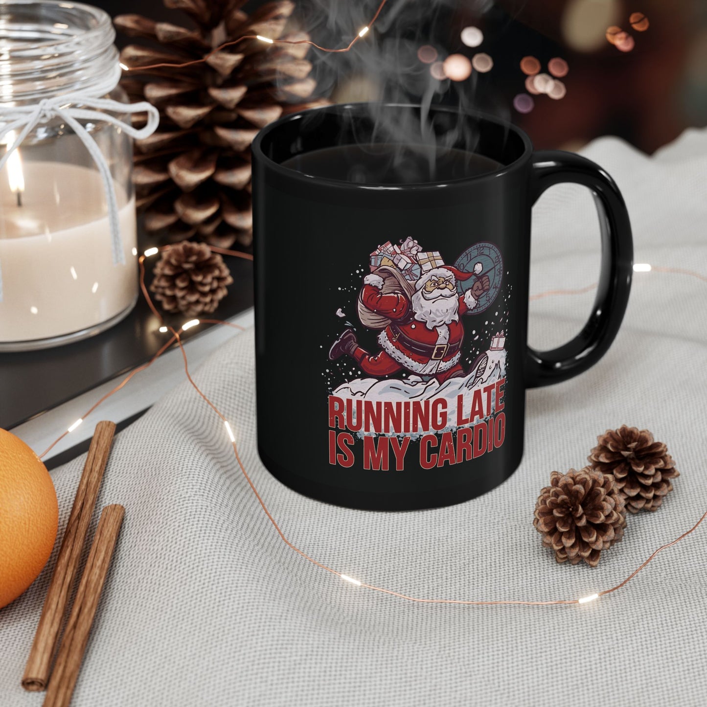 Funny Holiday Coffee Mug, Santa Running Late is My Cardio, Christmas Gift for Runners, Seasonal Mug for Coffee Lovers