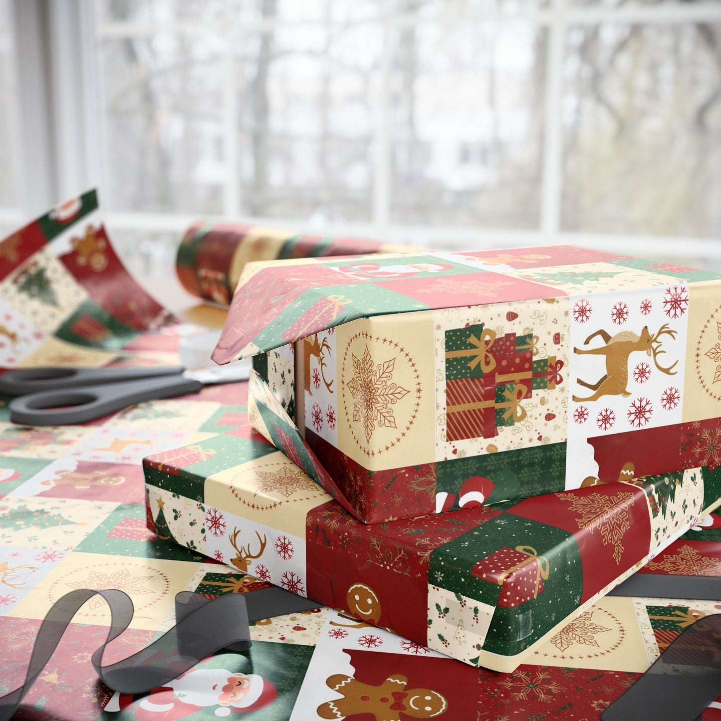 Christmas Patchwork Wrapping Paper Roll — Gingerbread, Trees & Red Green Christmas Pattern