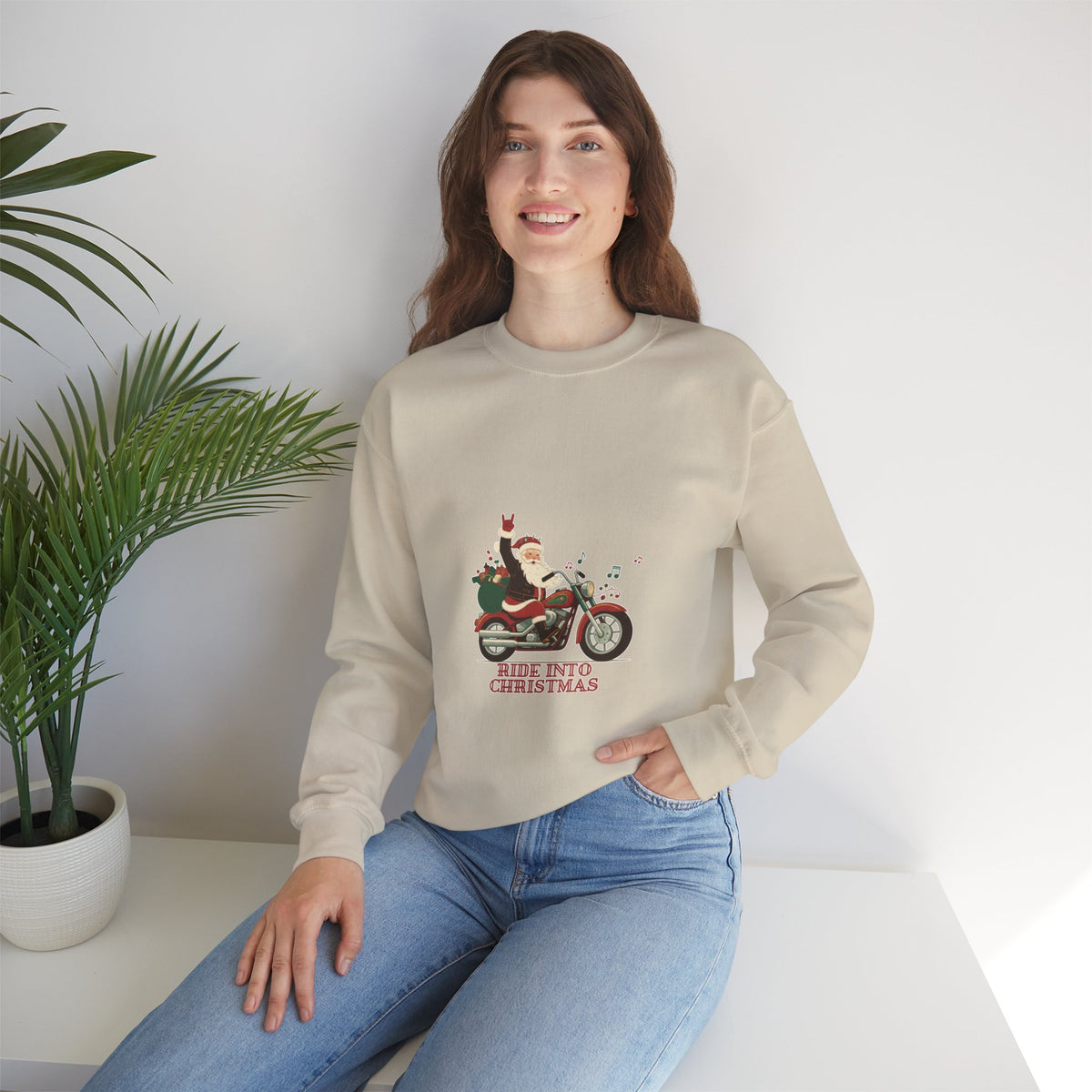Christmas Motorcycle Sweatshirt - "Ride Into Christmas" Santa Biker Holiday Crewneck
